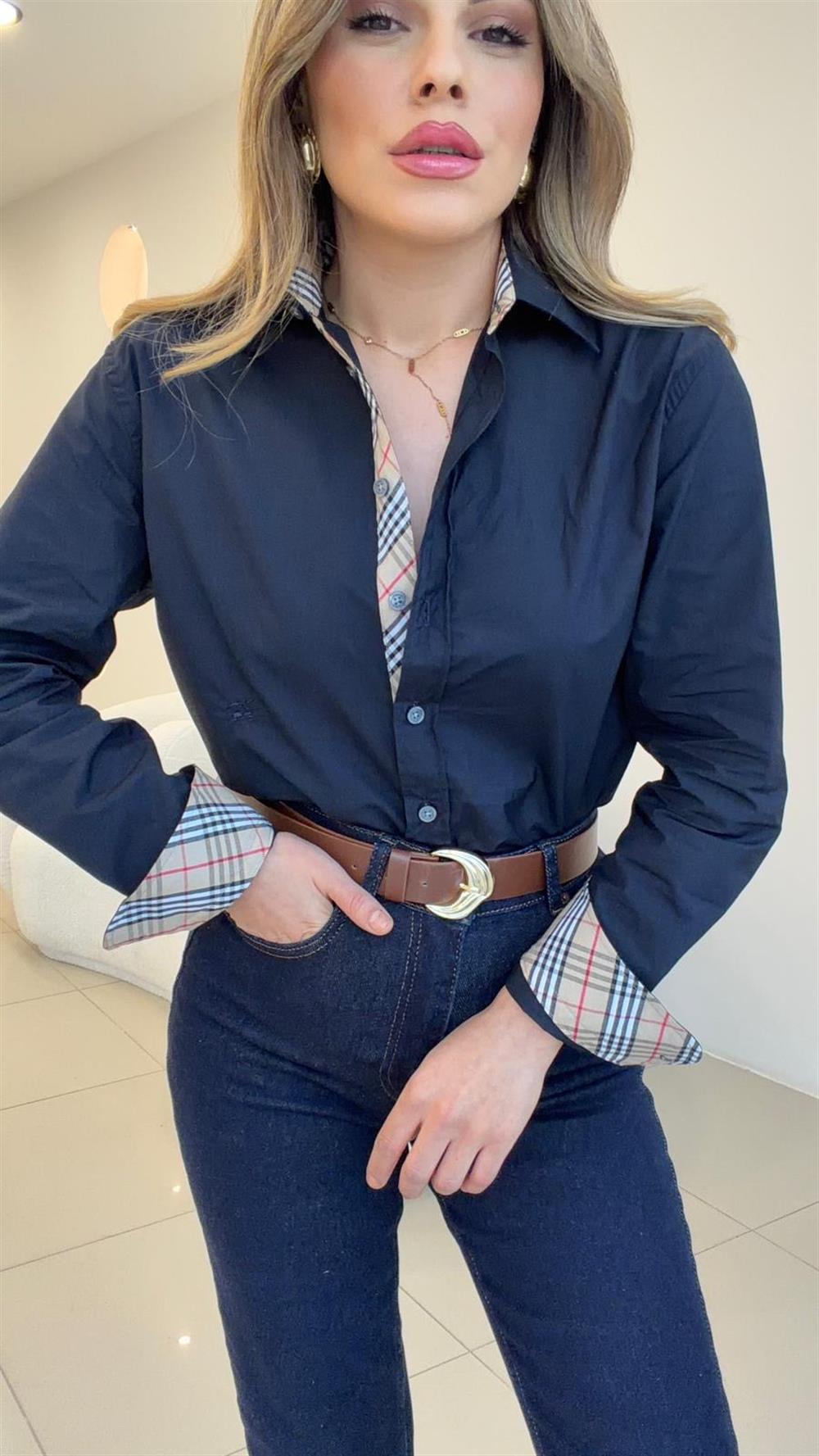 YAKA VE KOL MANŞETLER EKOSE DETAYLI POPLİN GÖMLEK LACİVERT