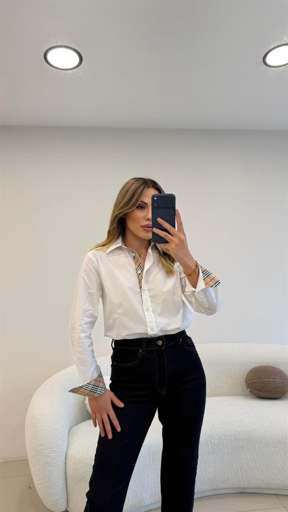 YAKA VE KOL MANŞETLER EKOSE DETAYLI POPLİN GÖMLEK BEYAZ