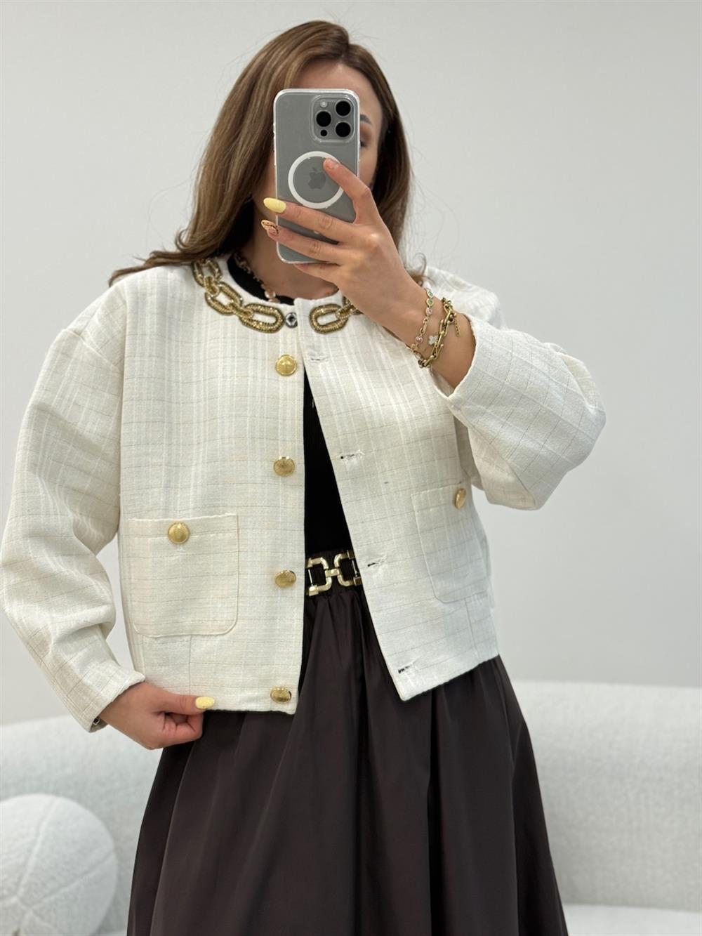 YAKA ZİNCİR DETAYLI CEKET BEYAZ