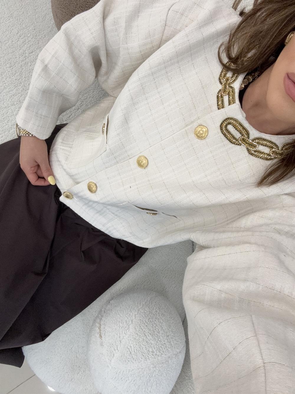 YAKA ZİNCİR DETAYLI CEKET BEYAZ