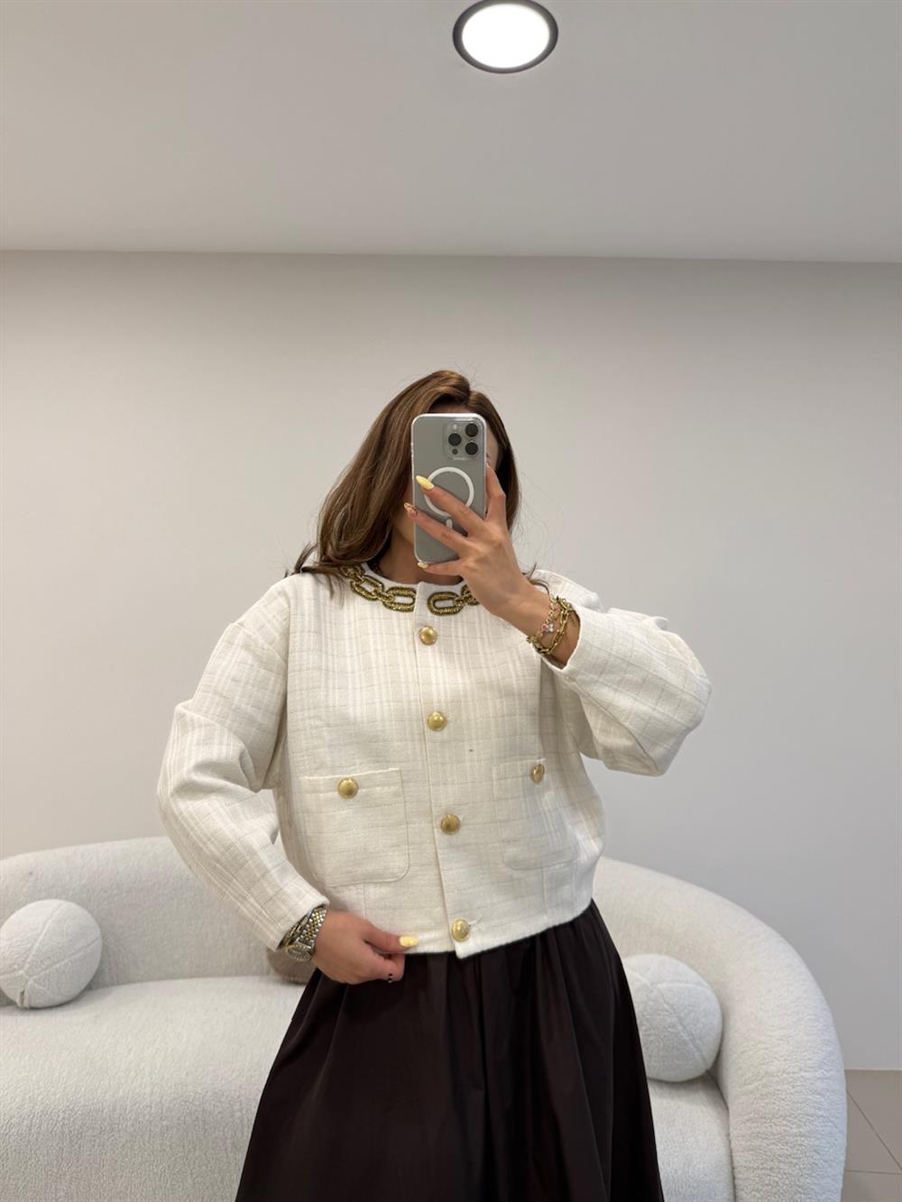 YAKA ZİNCİR DETAYLI CEKET BEYAZ