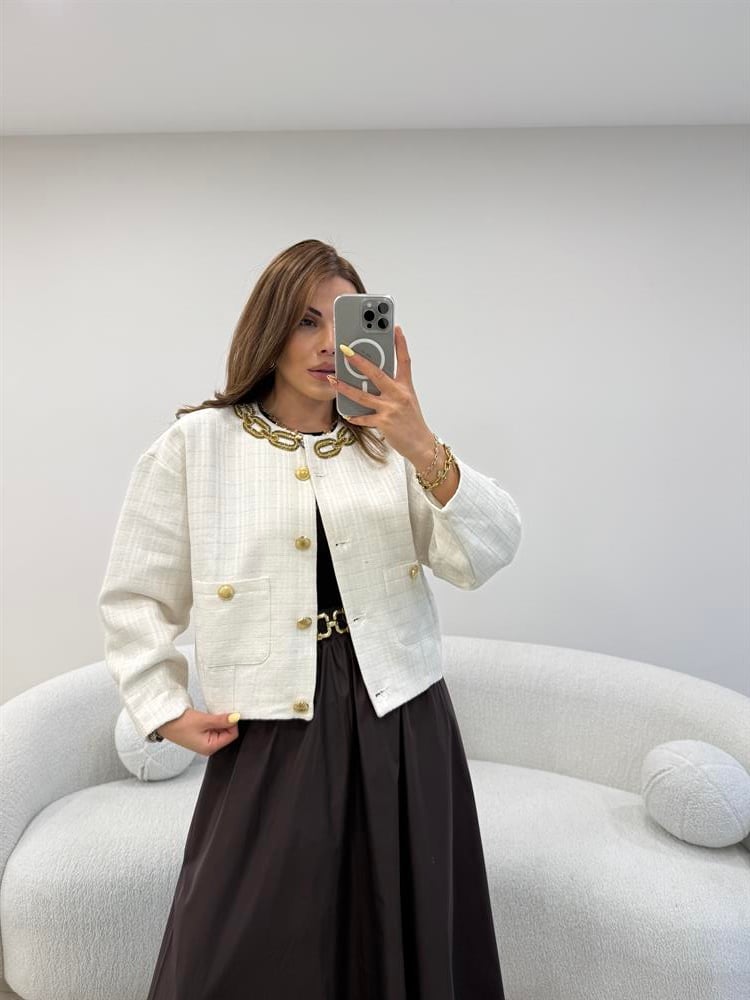 YAKA ZİNCİR DETAYLI CEKET BEYAZ