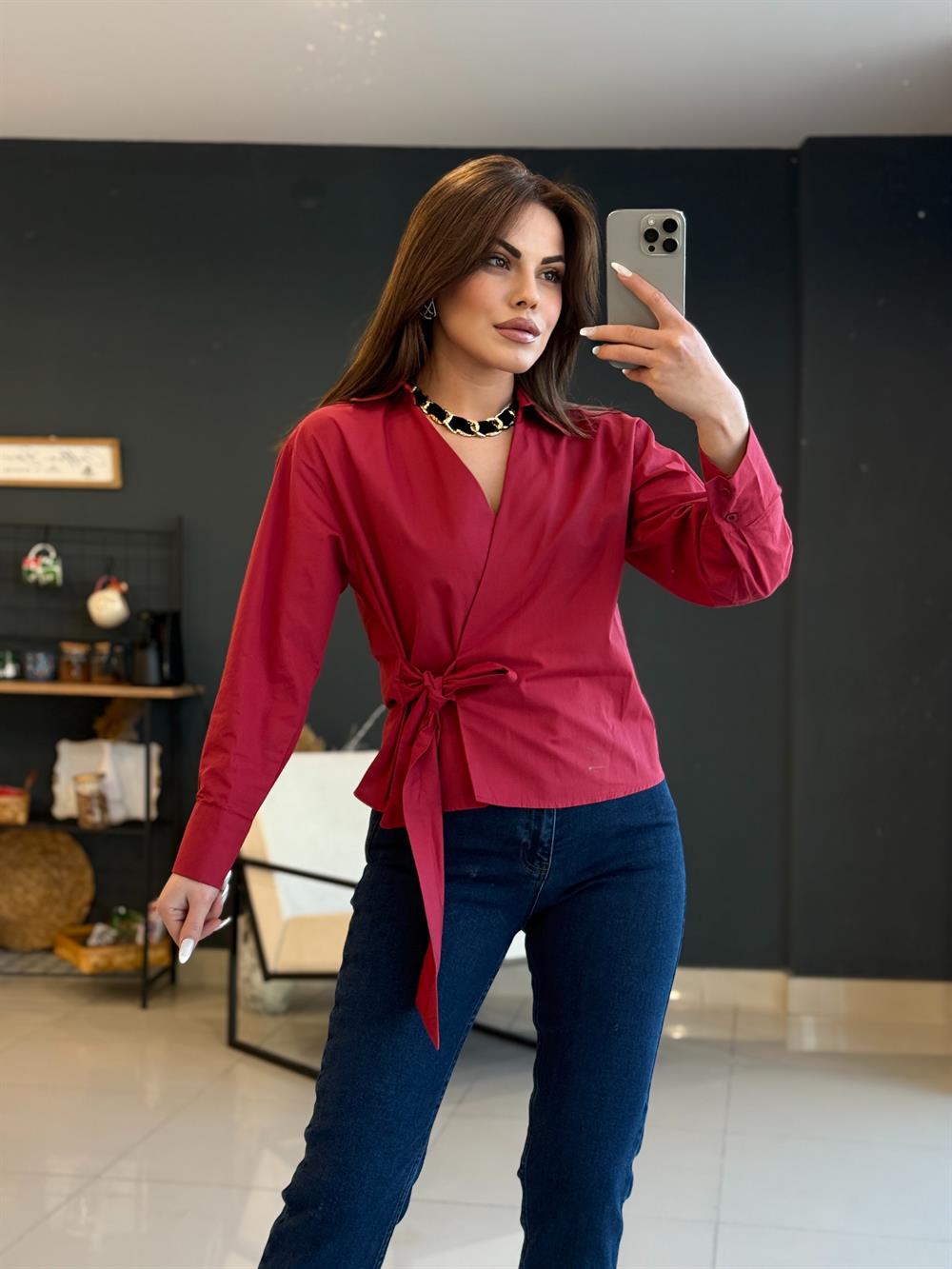 Yandan Bağlamali Tasarim Gömlek Bordo