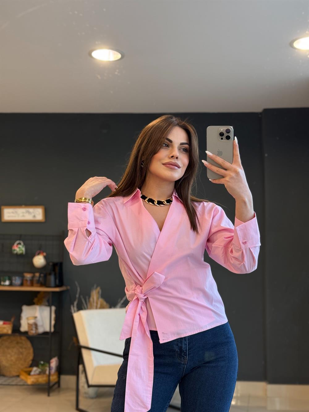Yandan Bağlamali Tasarim Gömlek Pembe