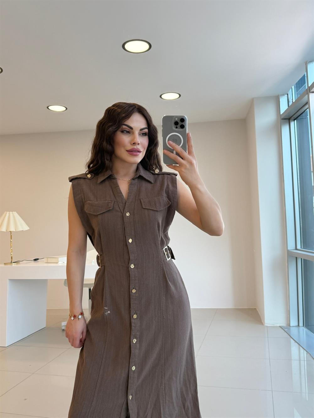 YANLARI AYARLANABİLİT KETEN ELBİSE KAHVE 