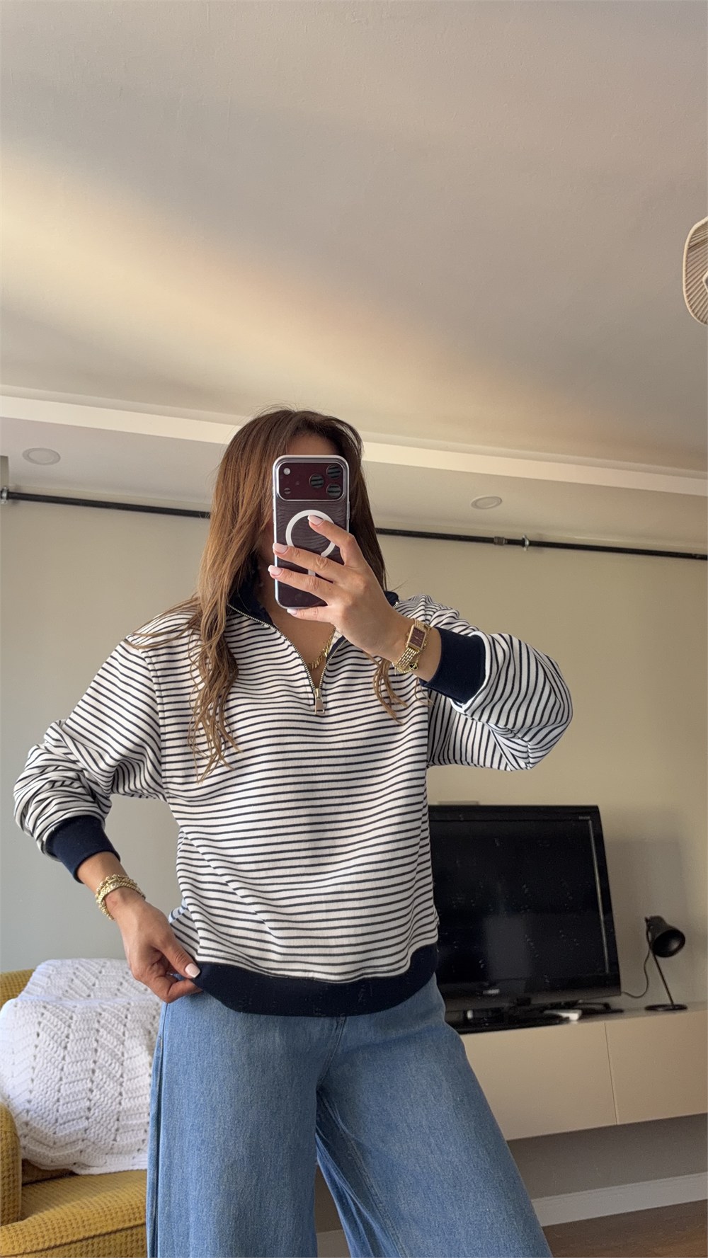 Yarım Fermuarlı Çizgili Sweatshırt Lacivert