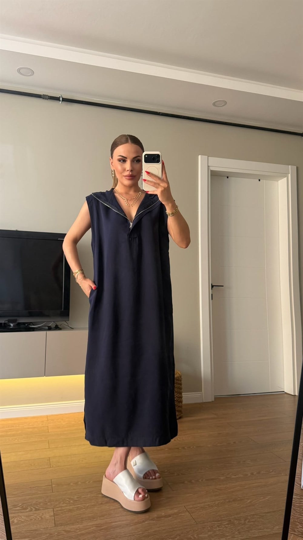 Yarım Fermuarlı Kapşonlu Tensel Elbise Lacivert