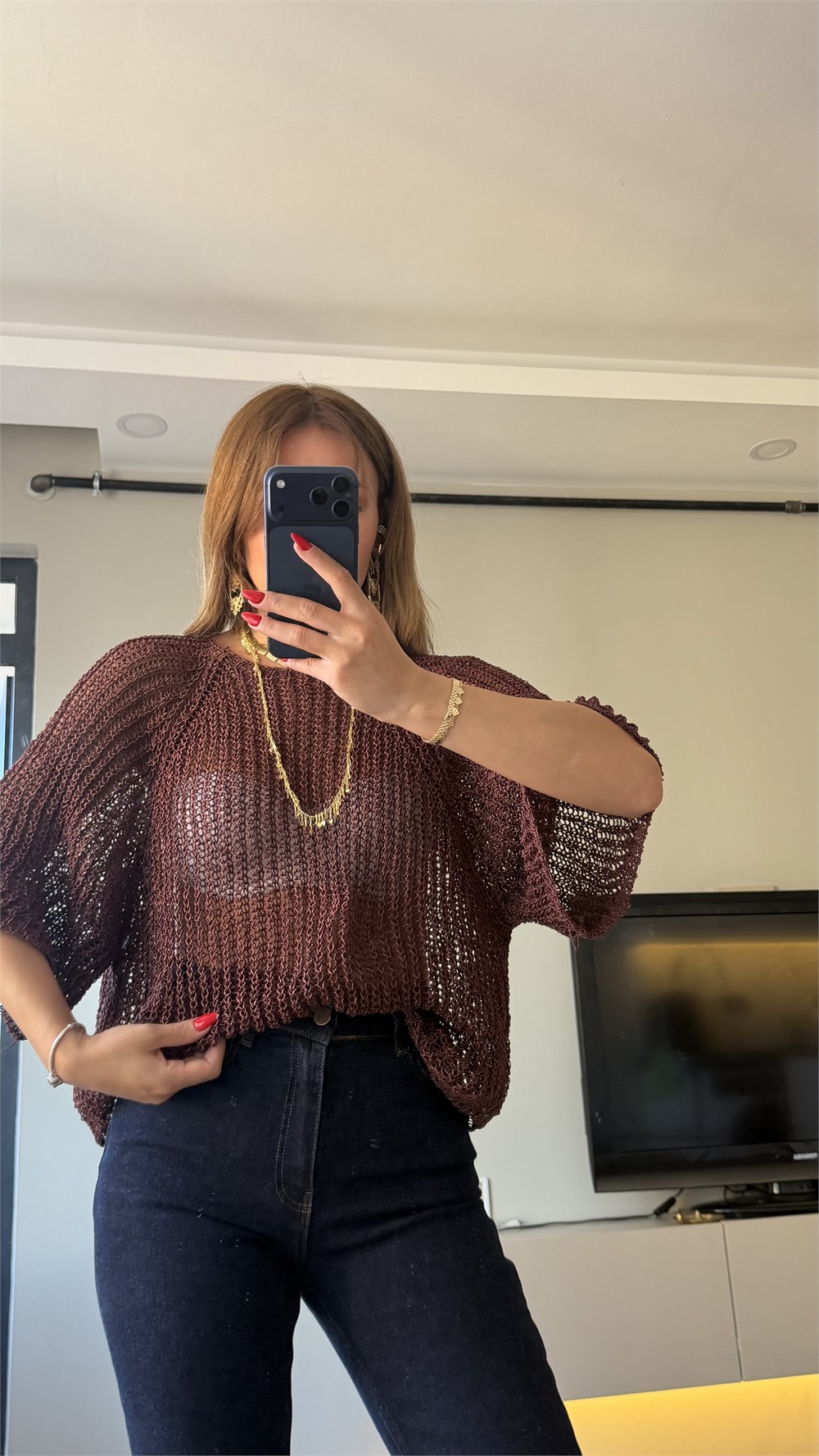 Yarım Kol Ajurlu Triko Bluz Bakır