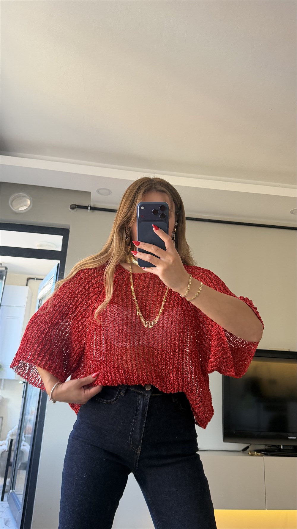 Yarım Kol Ajurlu Triko Bluz Kırmızı