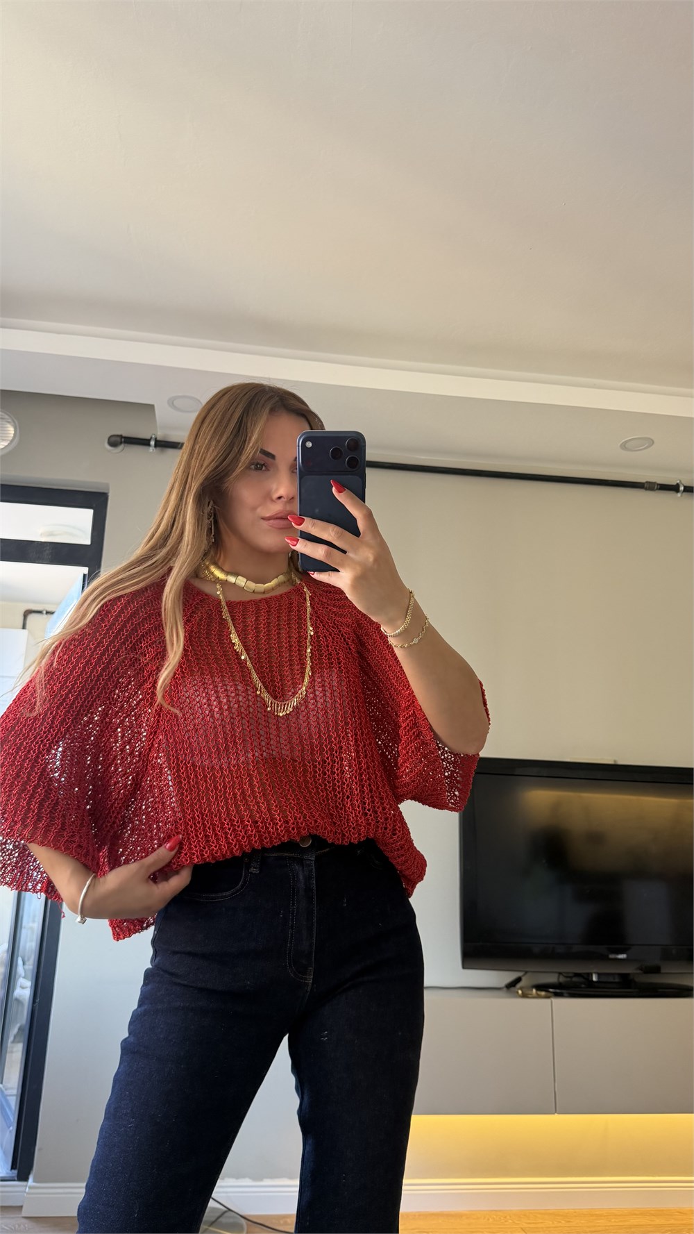 Yarım Kol Ajurlu Triko Bluz Kırmızı