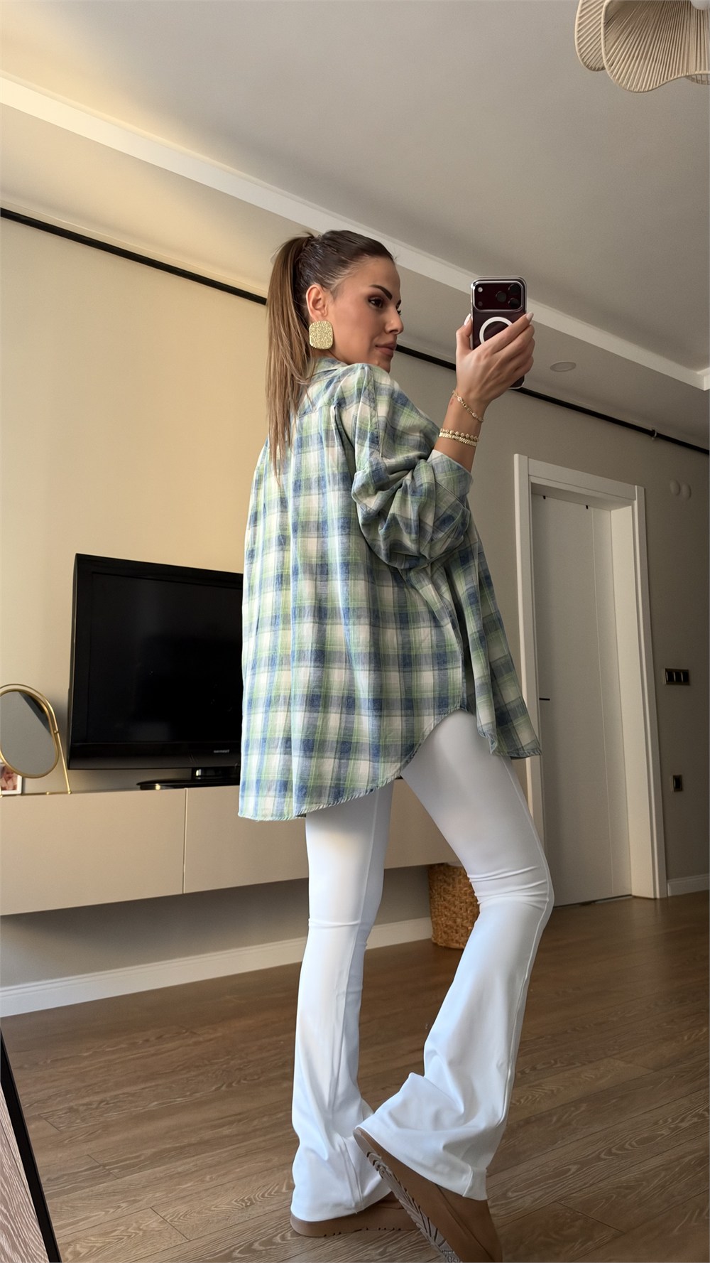Yeşil Mavi Ekose Desenli Oversize Oduncu Gömlek
