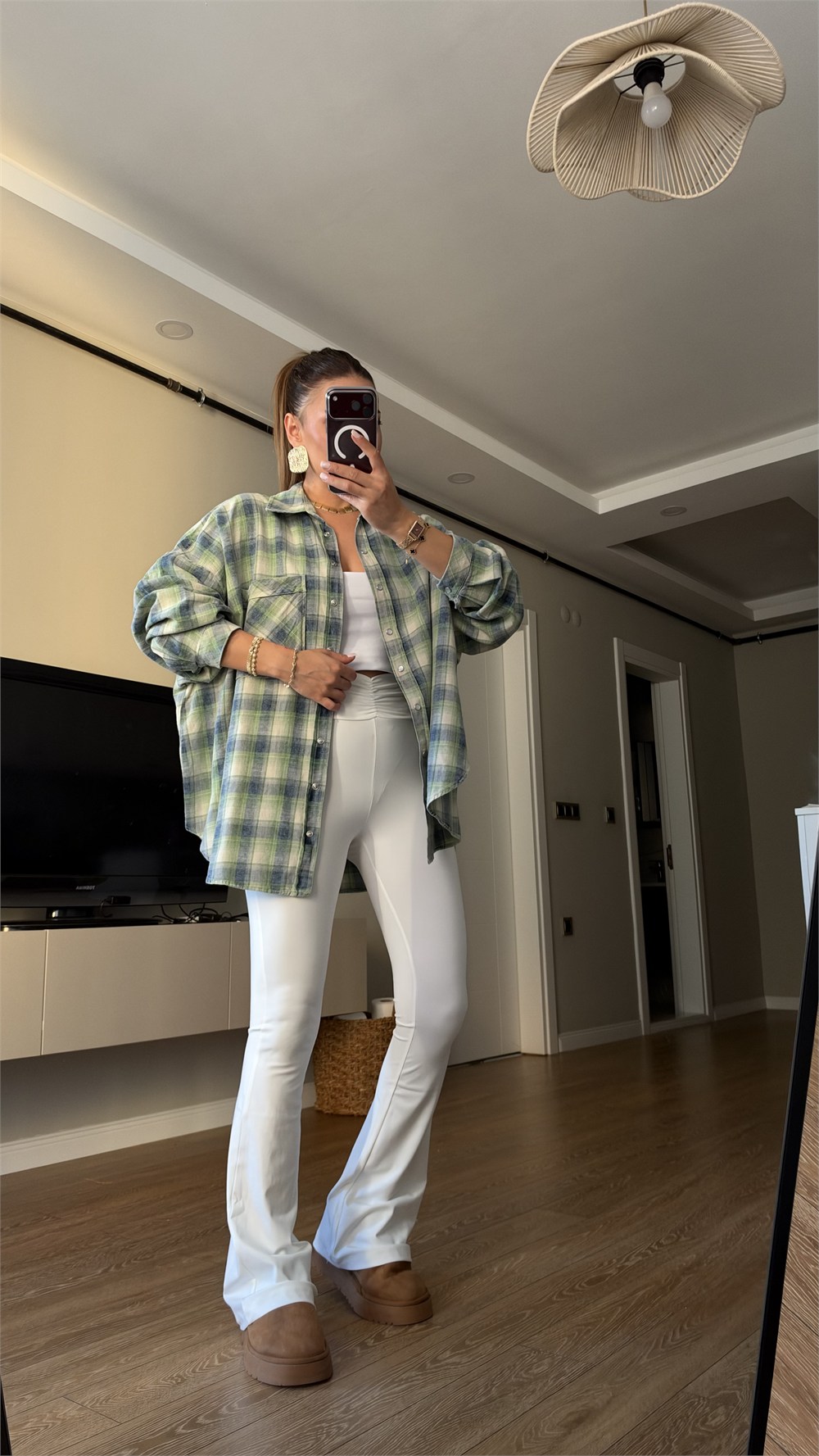 Yeşil Mavi Ekose Desenli Oversize Oduncu Gömlek
