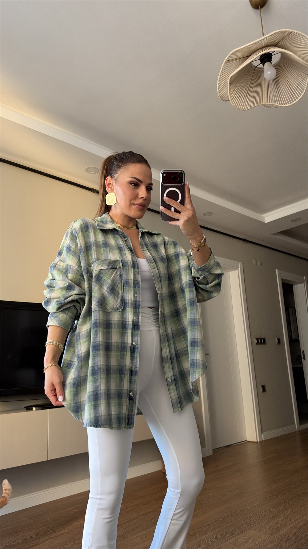 Yeşil Mavi Ekose Desenli Oversize Oduncu Gömlek