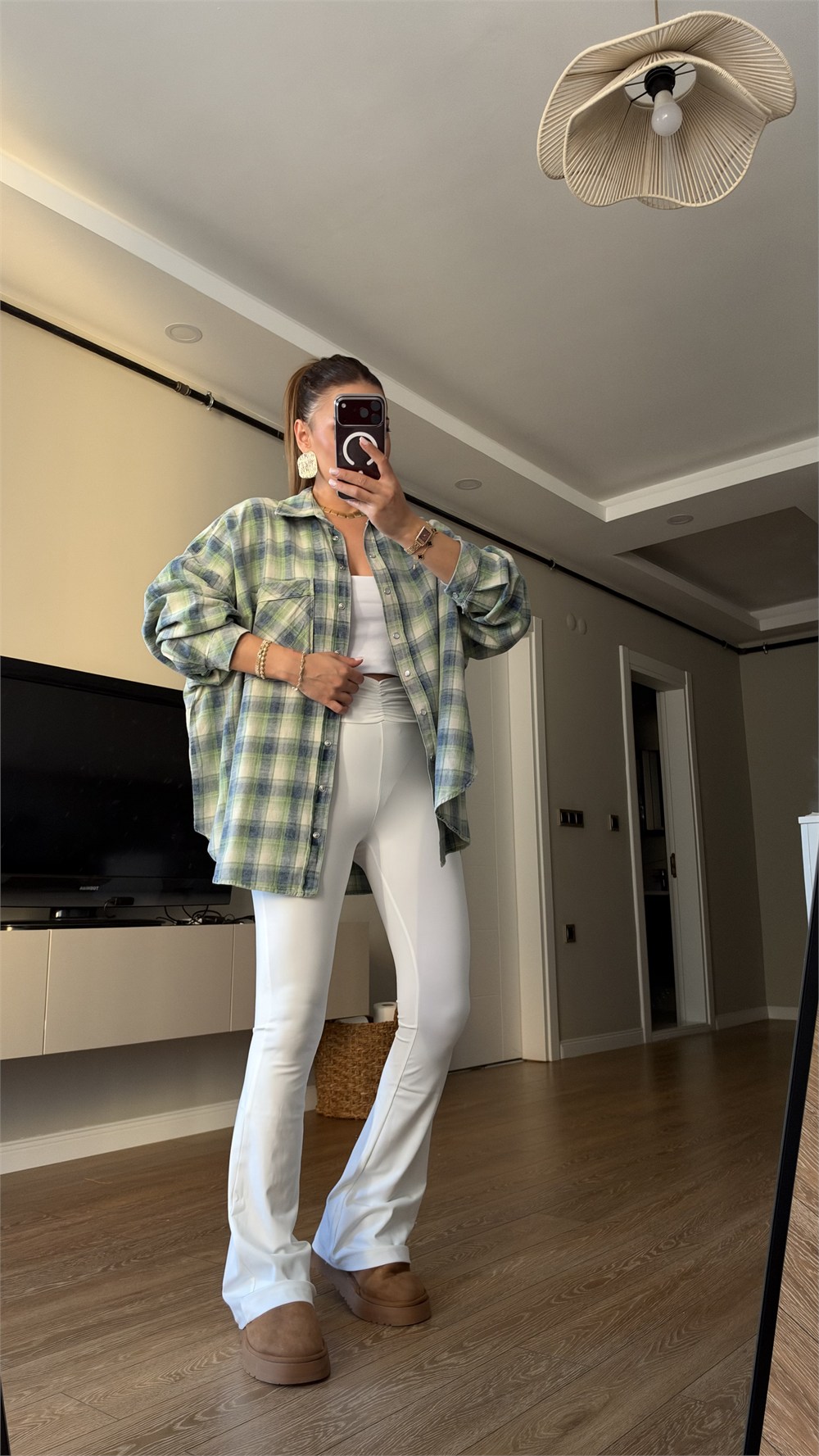 Yeşil Mavi Ekose Desenli Oversize Oduncu Gömlek