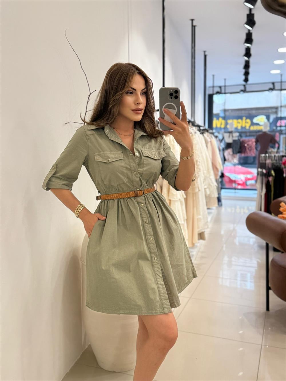 YETİM KOL KEMER DETAYI MİDİ BOY DENİM ELBİSE YEŞİL