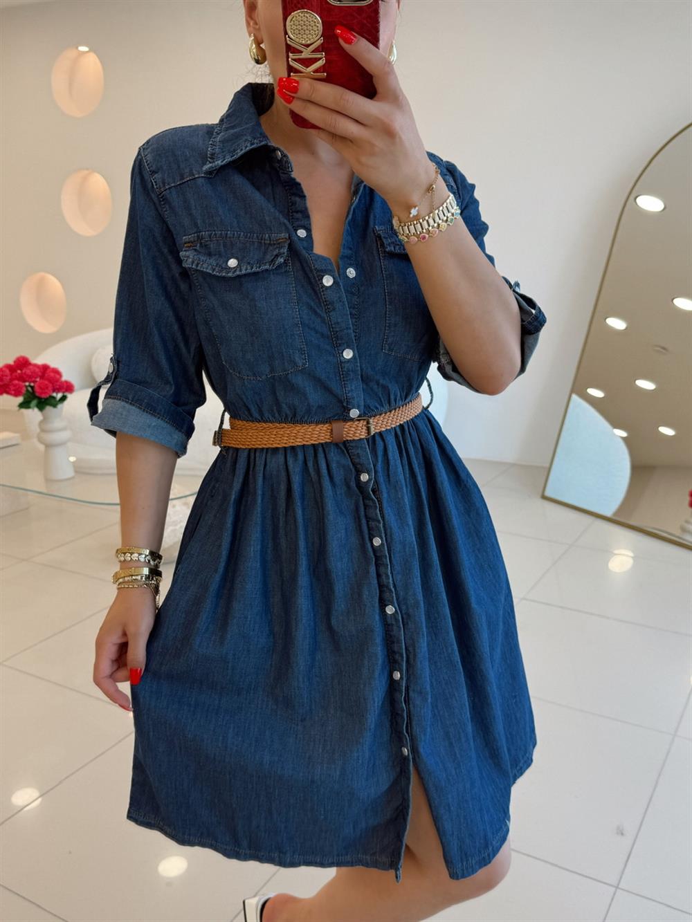 YETİM KOL KEMER DETAYI MİDİ BOY DENİM ELBİSE LACİVERT