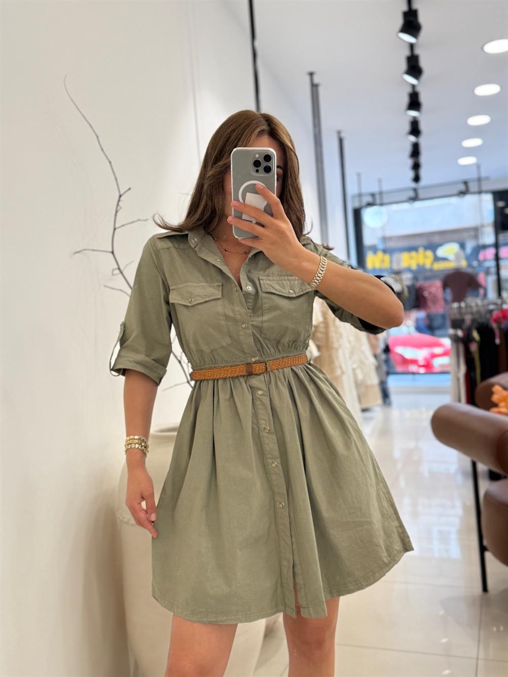 YETİM KOL KEMER DETAYI MİDİ BOY DENİM ELBİSE YEŞİL