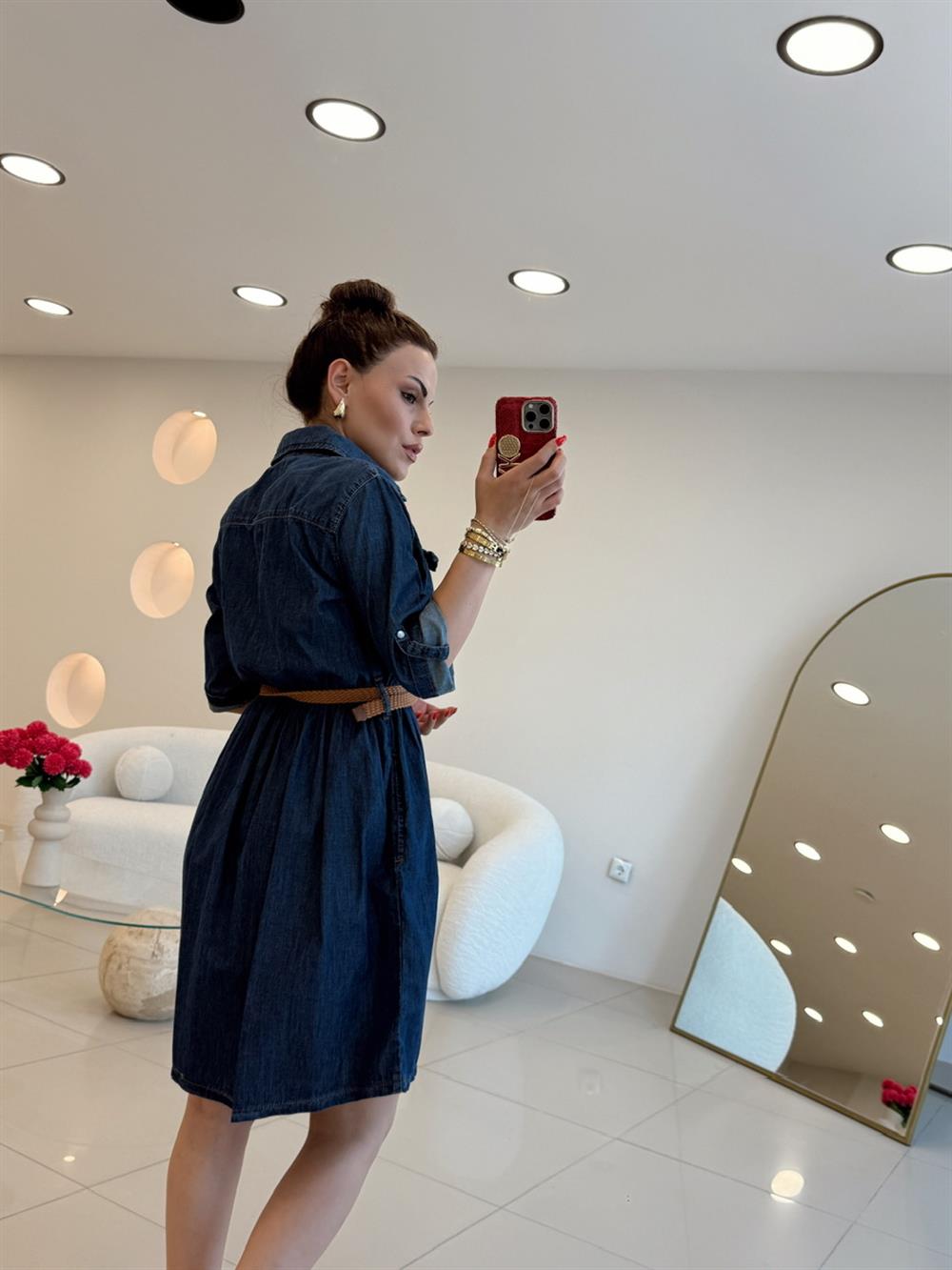 YETİM KOL KEMER DETAYI MİDİ BOY DENİM ELBİSE LACİVERT