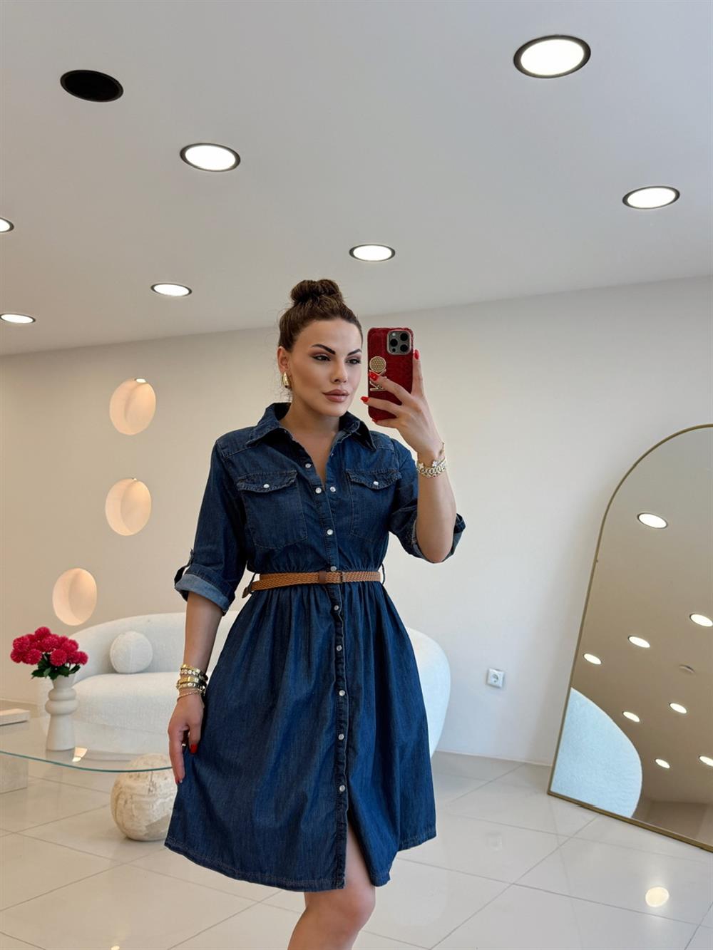 YETİM KOL KEMER DETAYI MİDİ BOY DENİM ELBİSE LACİVERT