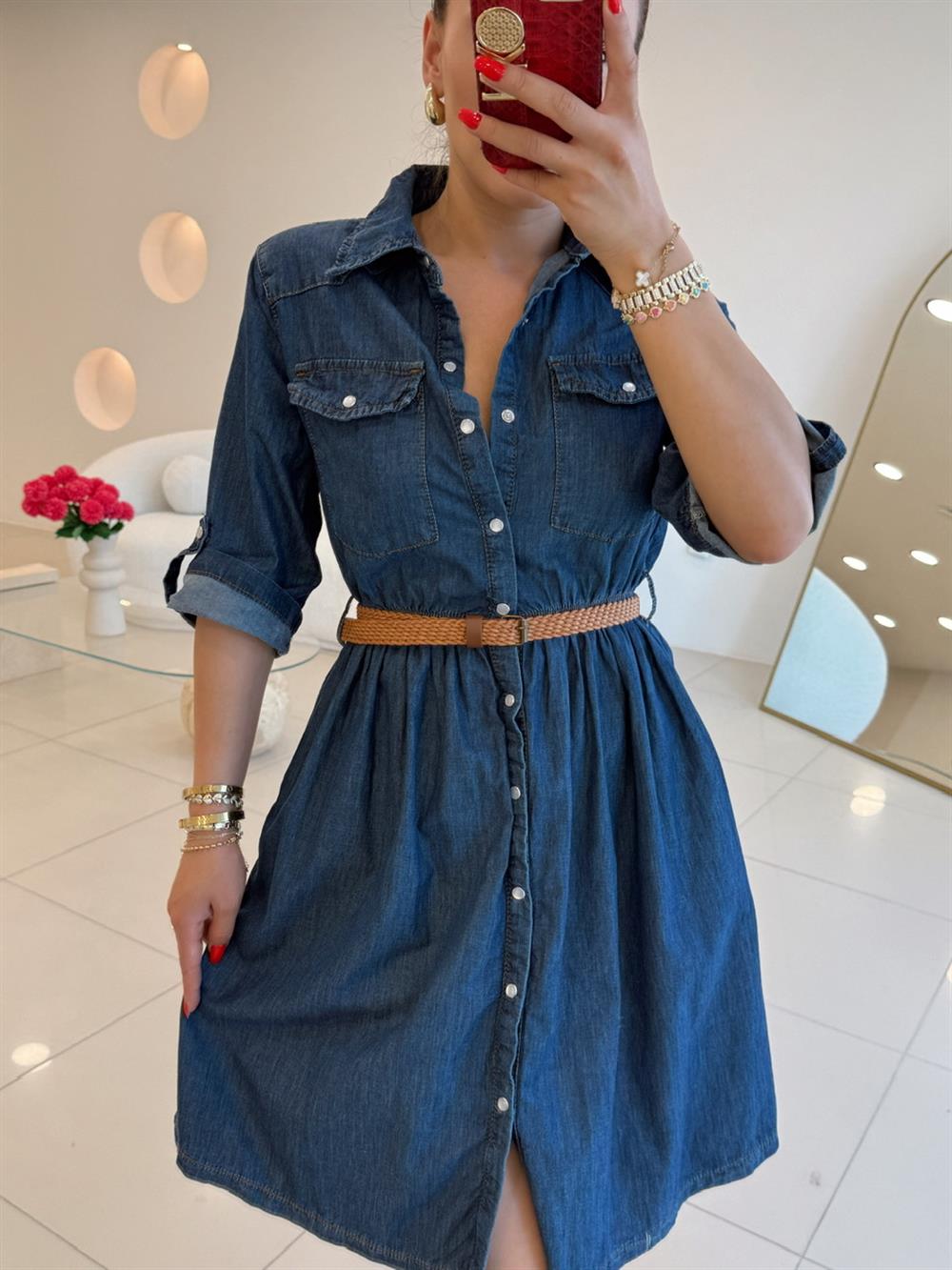YETİM KOL KEMER DETAYI MİDİ BOY DENİM ELBİSE LACİVERT