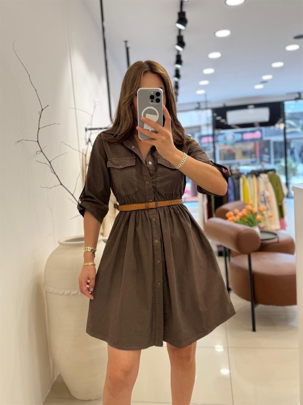 YETİM KOL KEMER DETAYI MİDİ BOY DENİM ELBİSE KAHVE