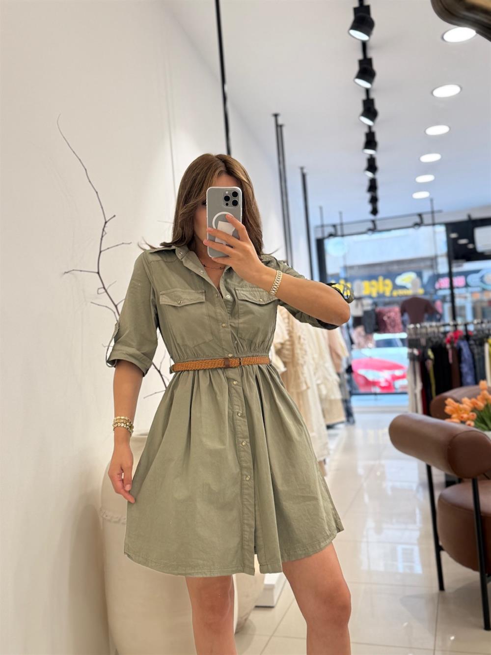 YETİM KOL KEMER DETAYI MİDİ BOY DENİM ELBİSE YEŞİL