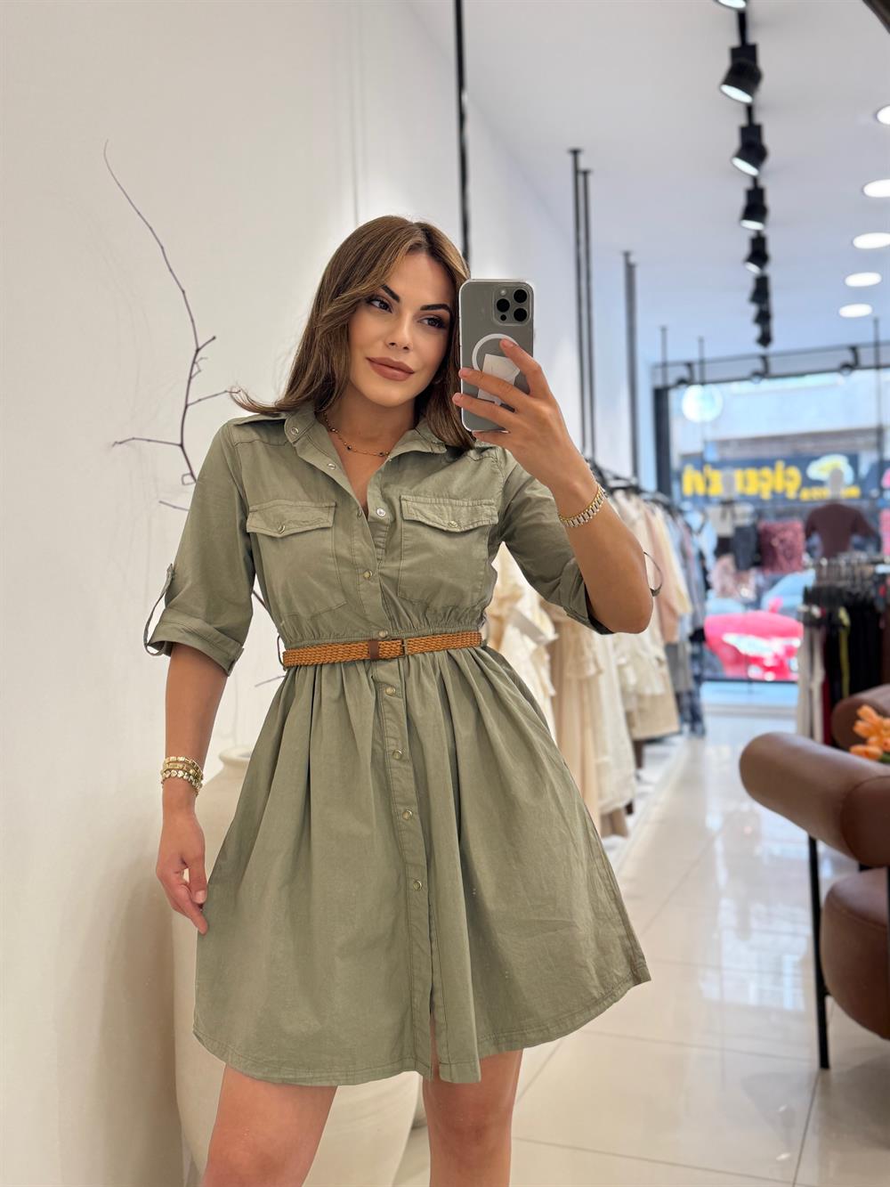 YETİM KOL KEMER DETAYI MİDİ BOY DENİM ELBİSE YEŞİL