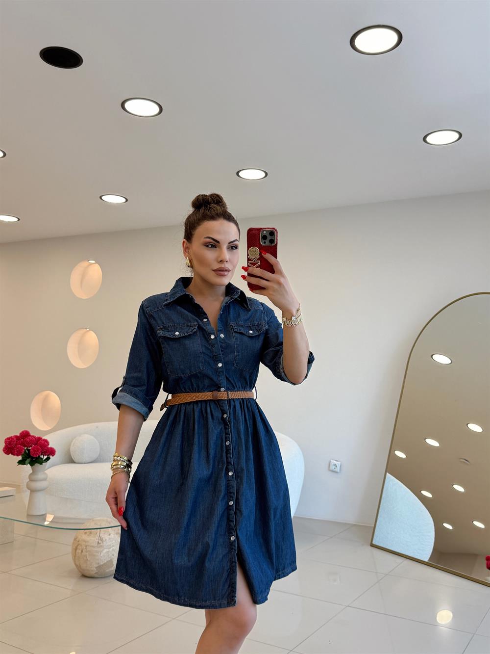 YETİM KOL KEMER DETAYI MİDİ BOY DENİM ELBİSE LACİVERT