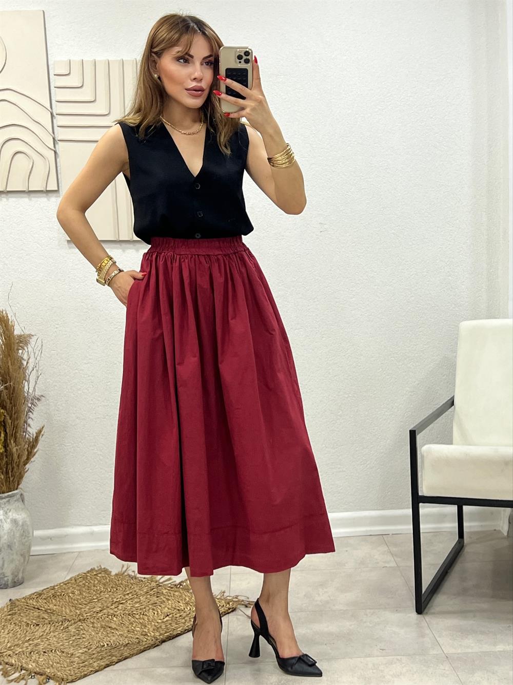 Yikamali Premi̇um Seri̇ Popli̇n Etek Bordo