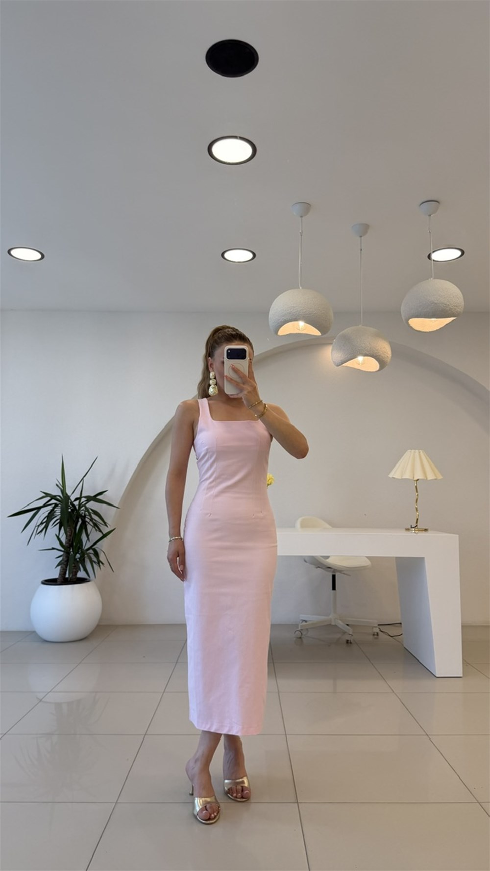 Yırtmaçlı Kalem Elbise Pembe