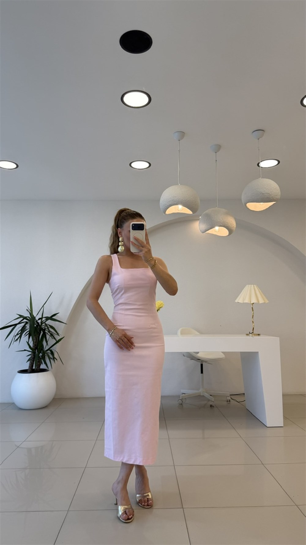 Yırtmaçlı Kalem Elbise Pembe