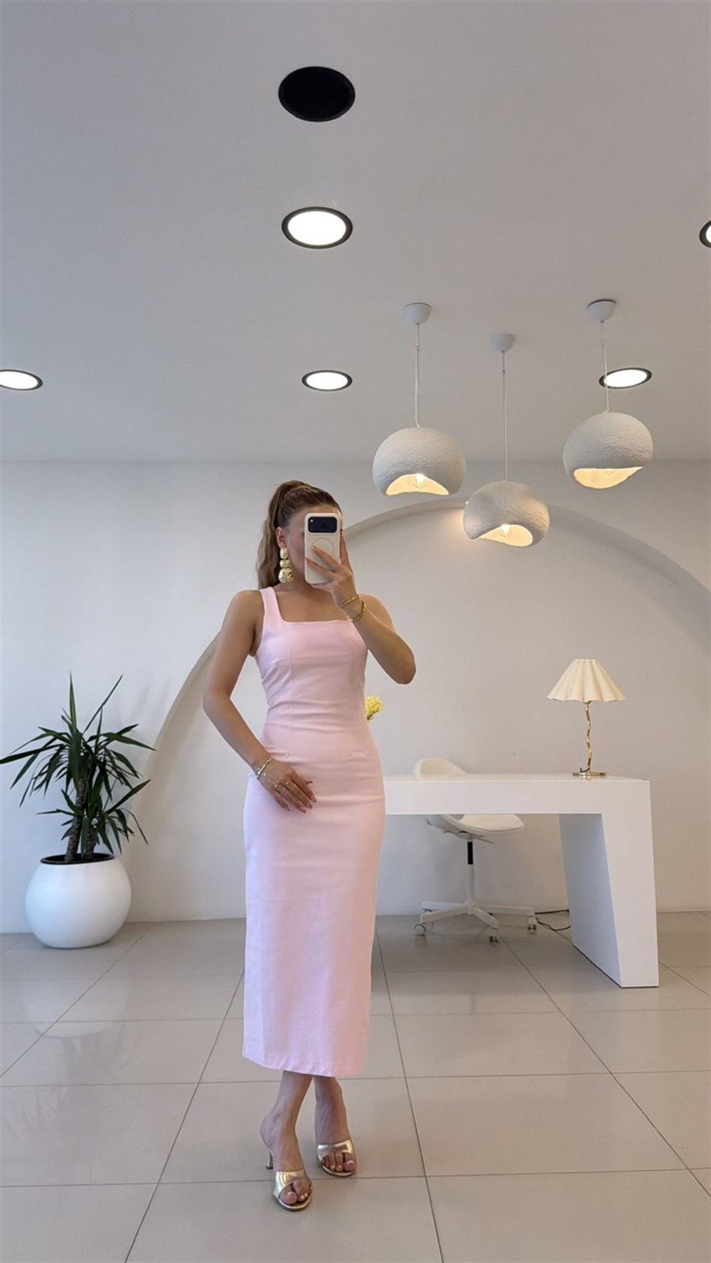 Yırtmaçlı Kalem Elbise Pembe