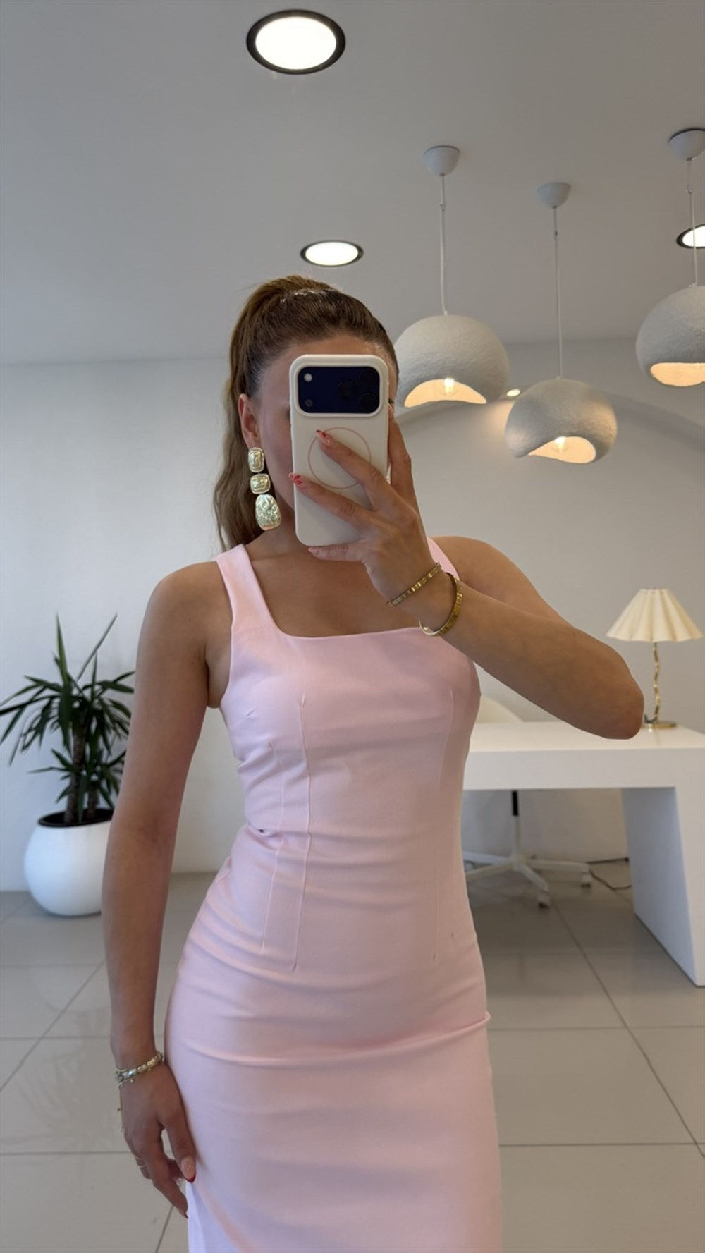 Yırtmaçlı Kalem Elbise Pembe