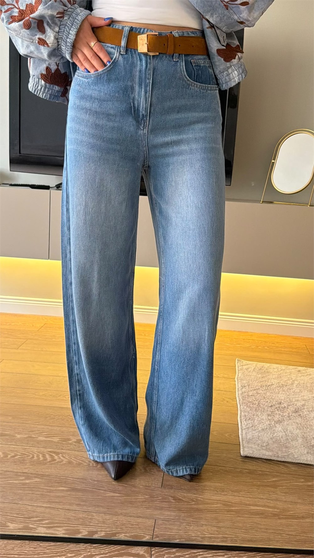 Yüksel Bel Wide-Leg Kemerli Palazzo Denim Pantolon