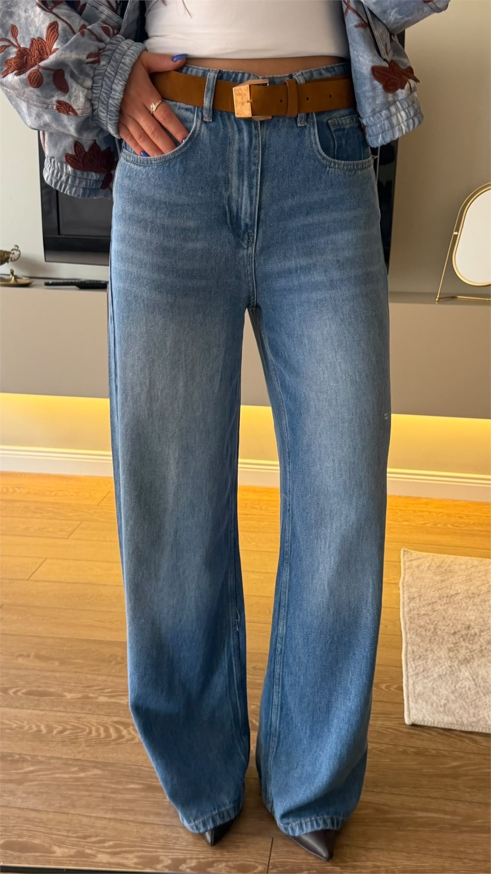 Yüksel Bel Wide-Leg Kemerli Palazzo Denim Pantolon