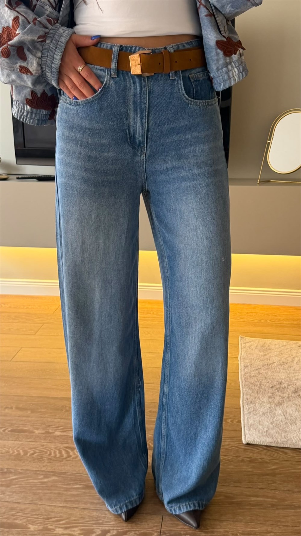 Yüksel Bel Wide-Leg Kemerli Palazzo Denim Pantolon