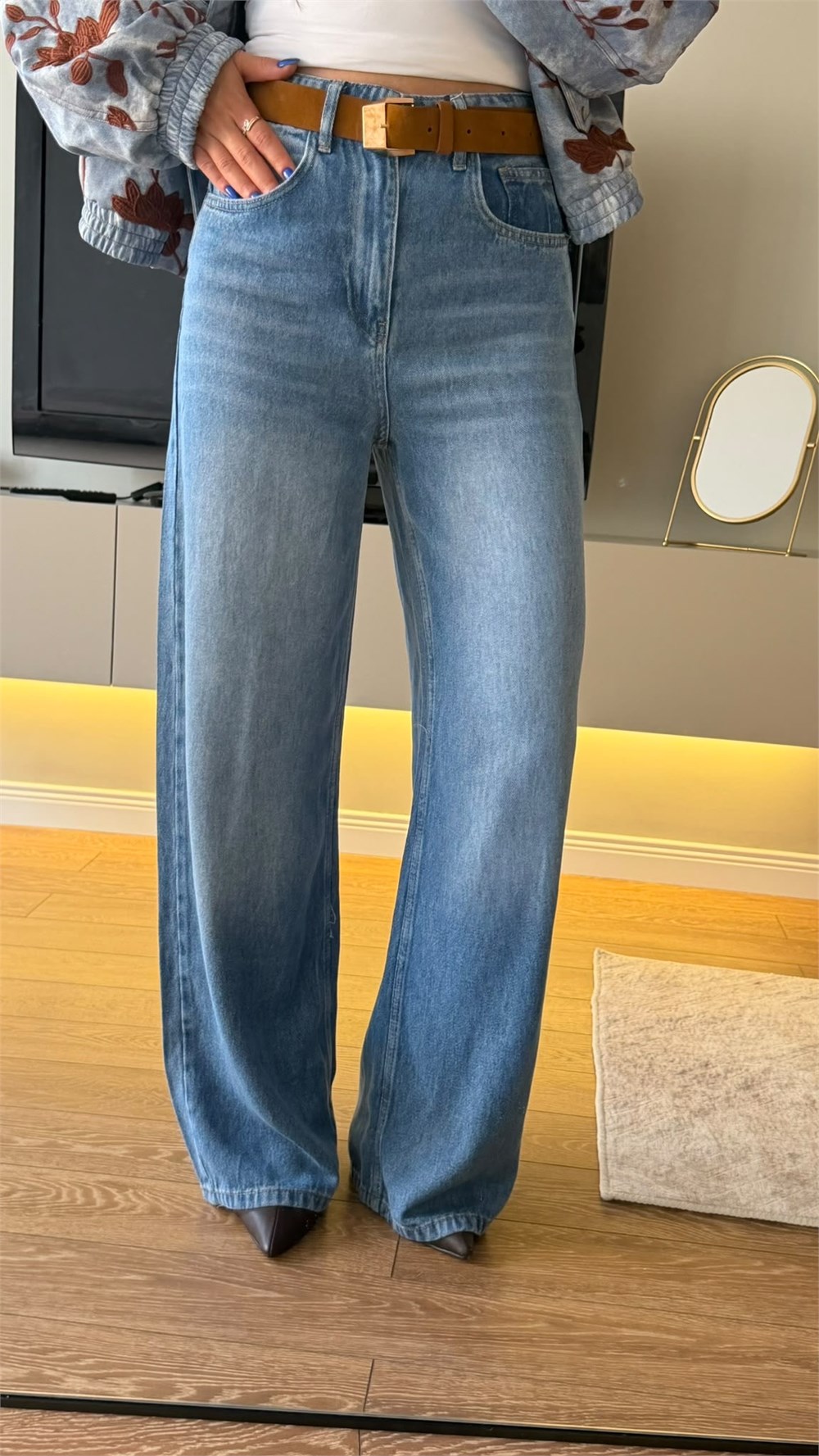 Yüksel Bel Wide-Leg Kemerli Palazzo Denim Pantolon