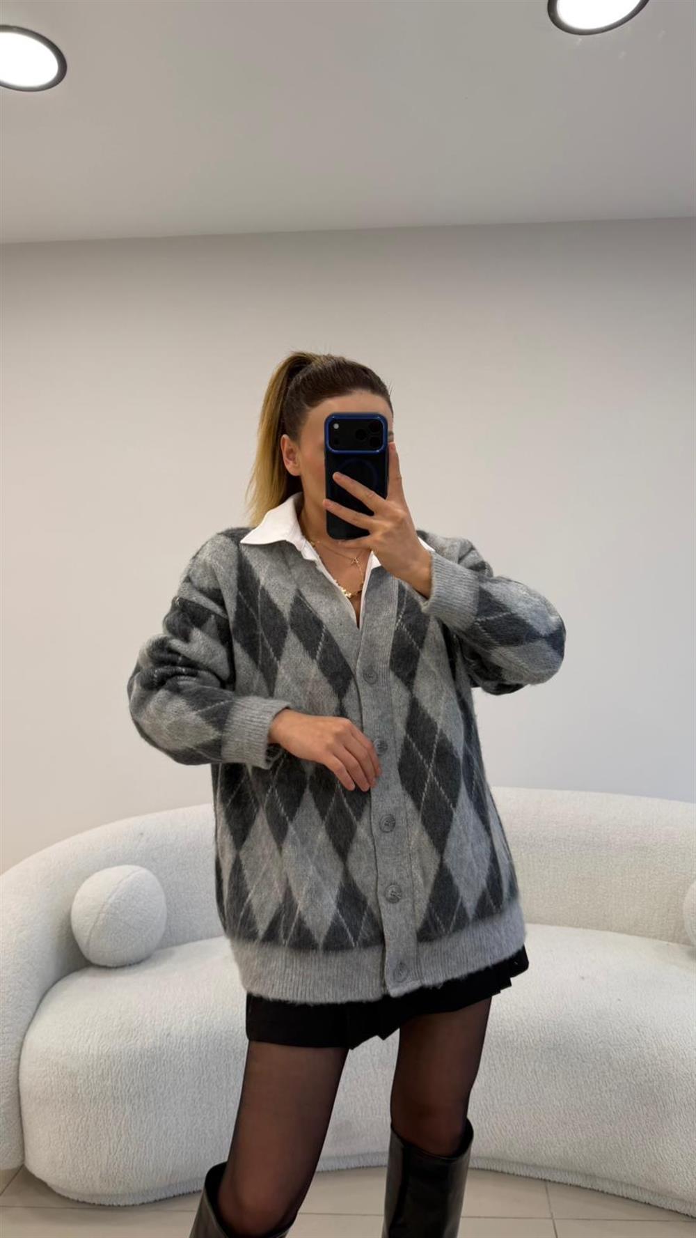 YUMOŞ DOKU BAKLAVA DESENLİ HIRKA GRİ-ANTRASİT