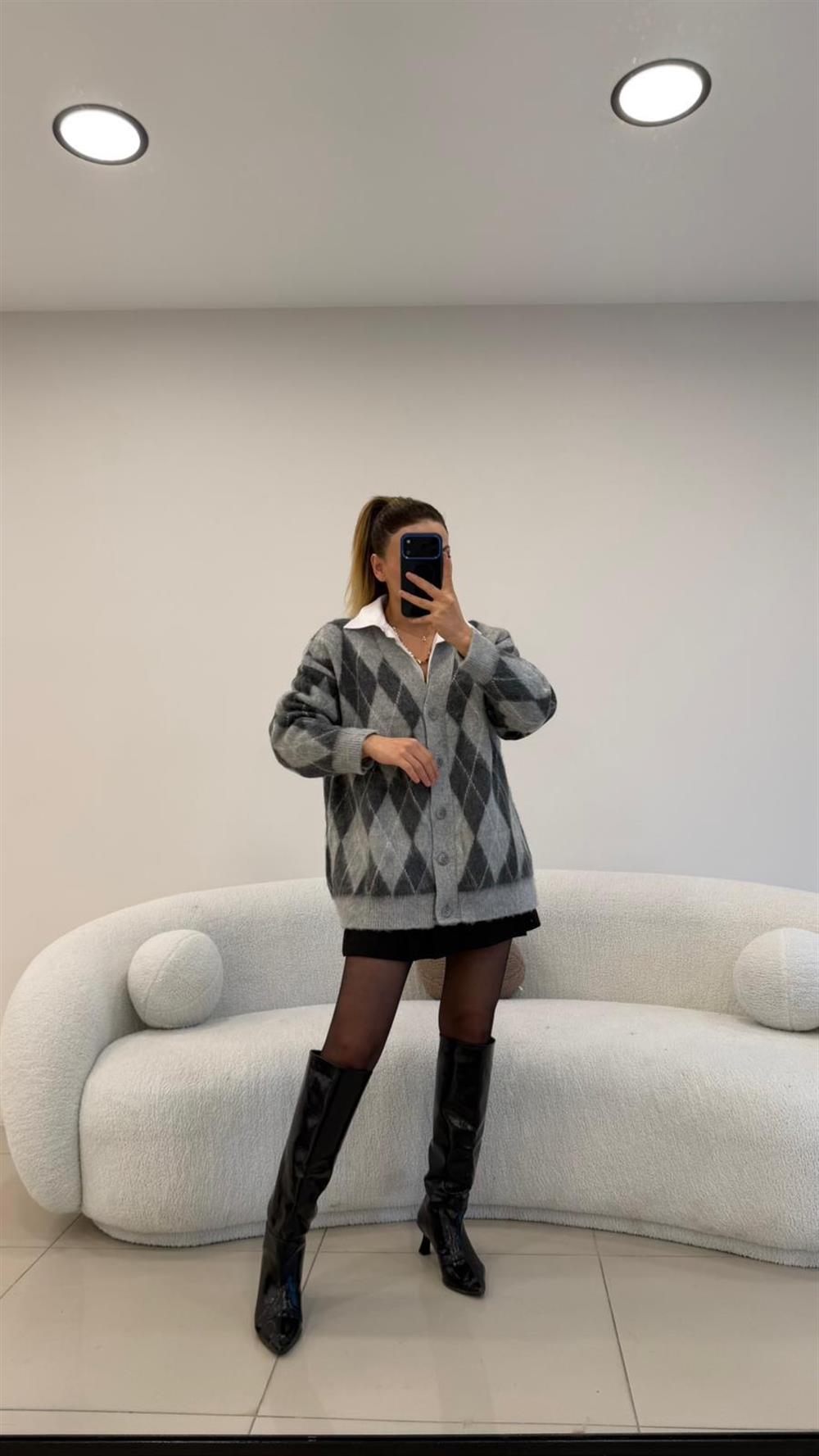 YUMOŞ DOKU BAKLAVA DESENLİ HIRKA GRİ-ANTRASİT