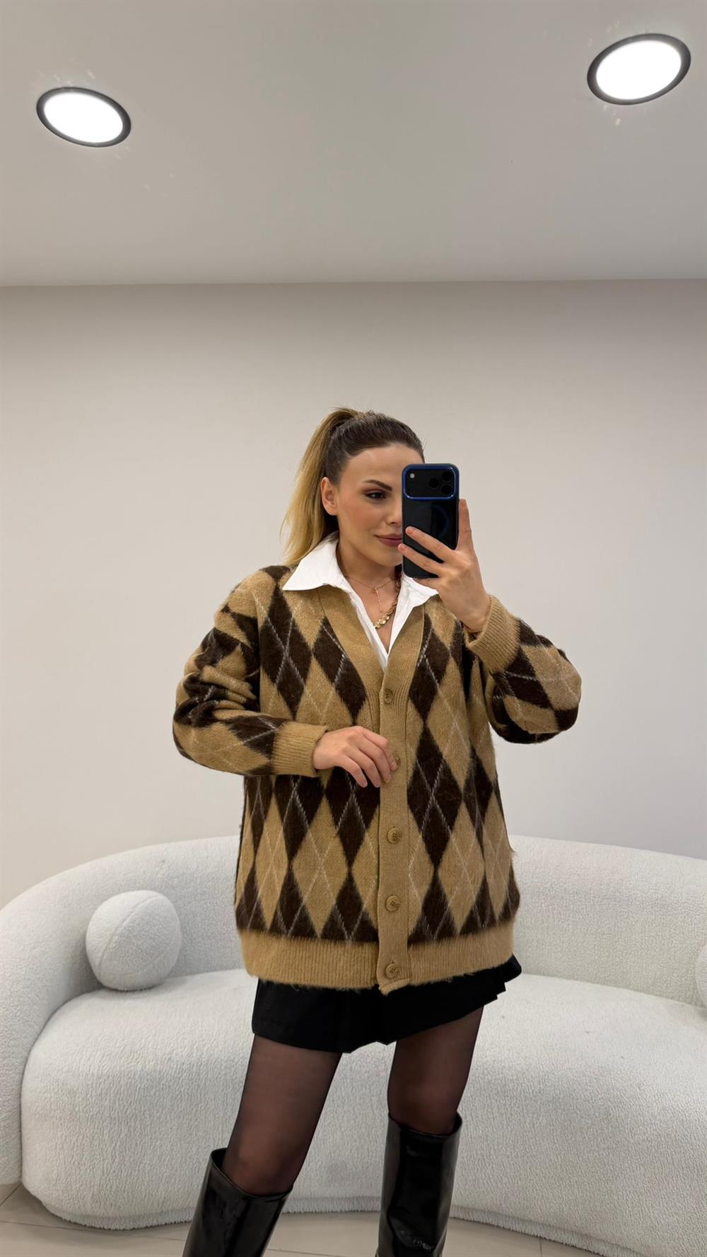 YUMOŞ DOKU BAKLAVA DESENLİ HIRKA KAHVE-CAMEL