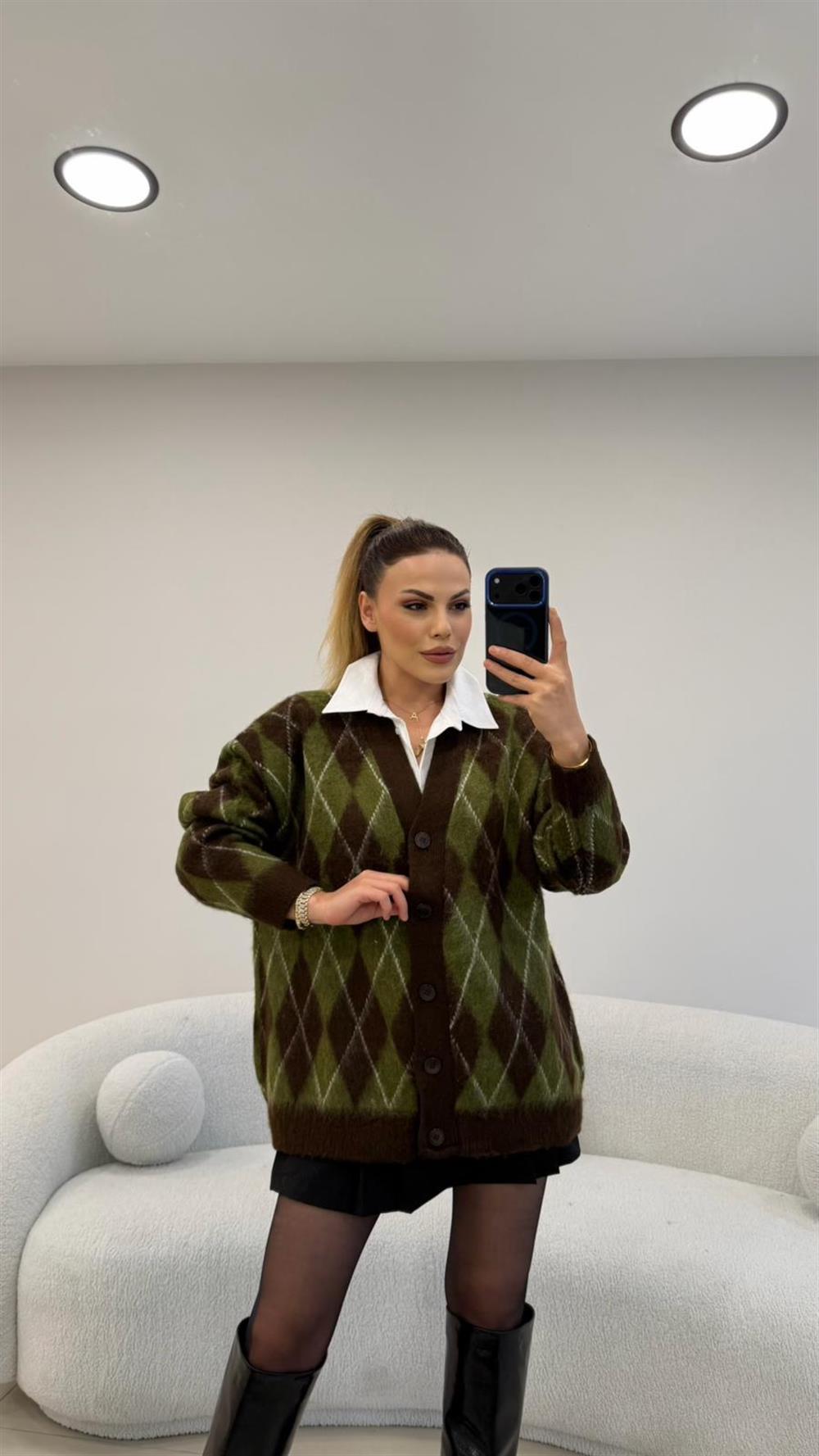 YUMOŞ DOKU BAKLAVA DESENLİ HIRKA KAHVE-YEŞİL