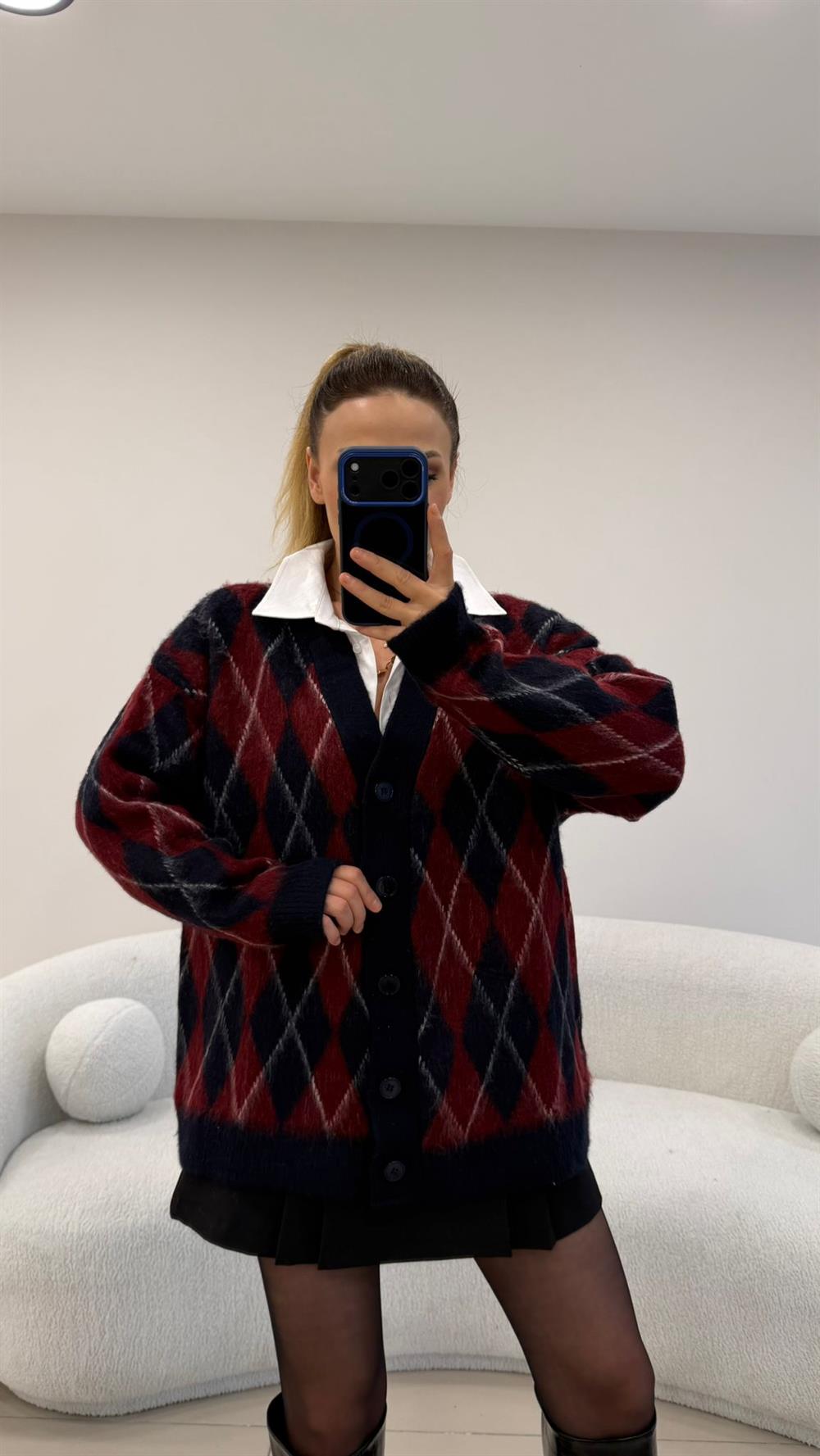 YUMOŞ DOKU BAKLAVA DESENLİ HIRKA LACİCERT-BORDO