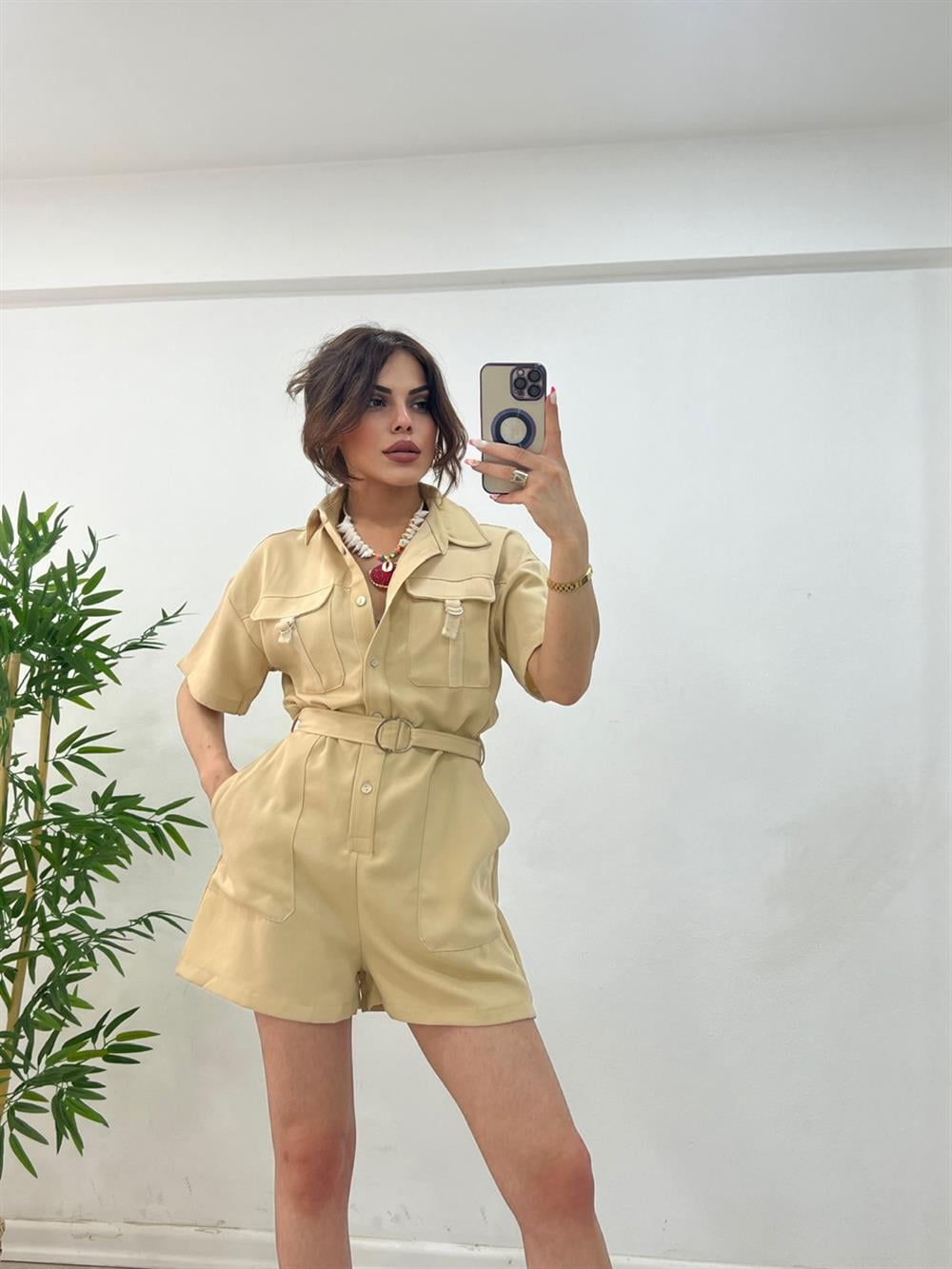 Kısa Şortlu Keten Tulum