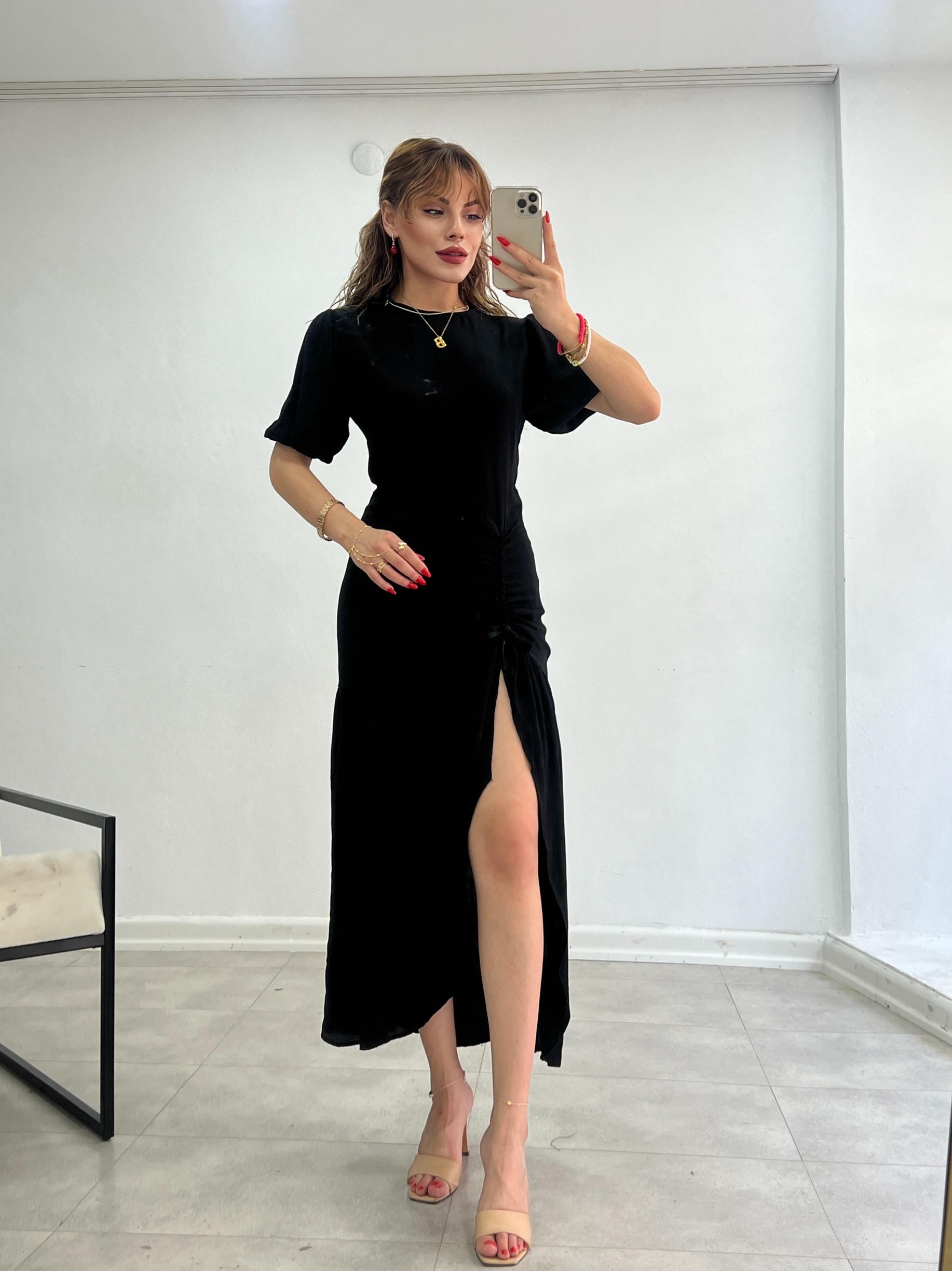  SİYAH ÖNDEN AYARLAMA BÜZGÜ ELBİSE