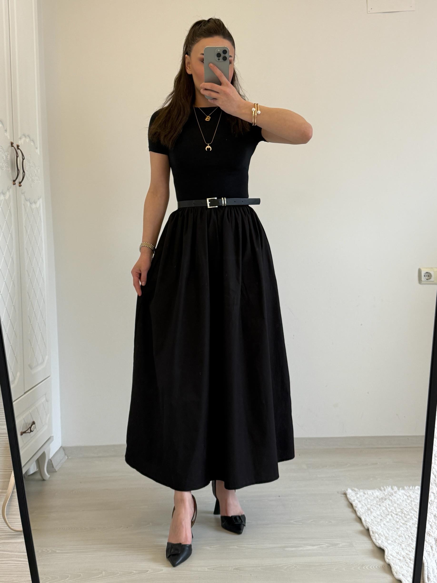 ALT TARAFI PARAŞÜT KUMAŞ PİNTERES KISA KOL ELBİSE SİYAH