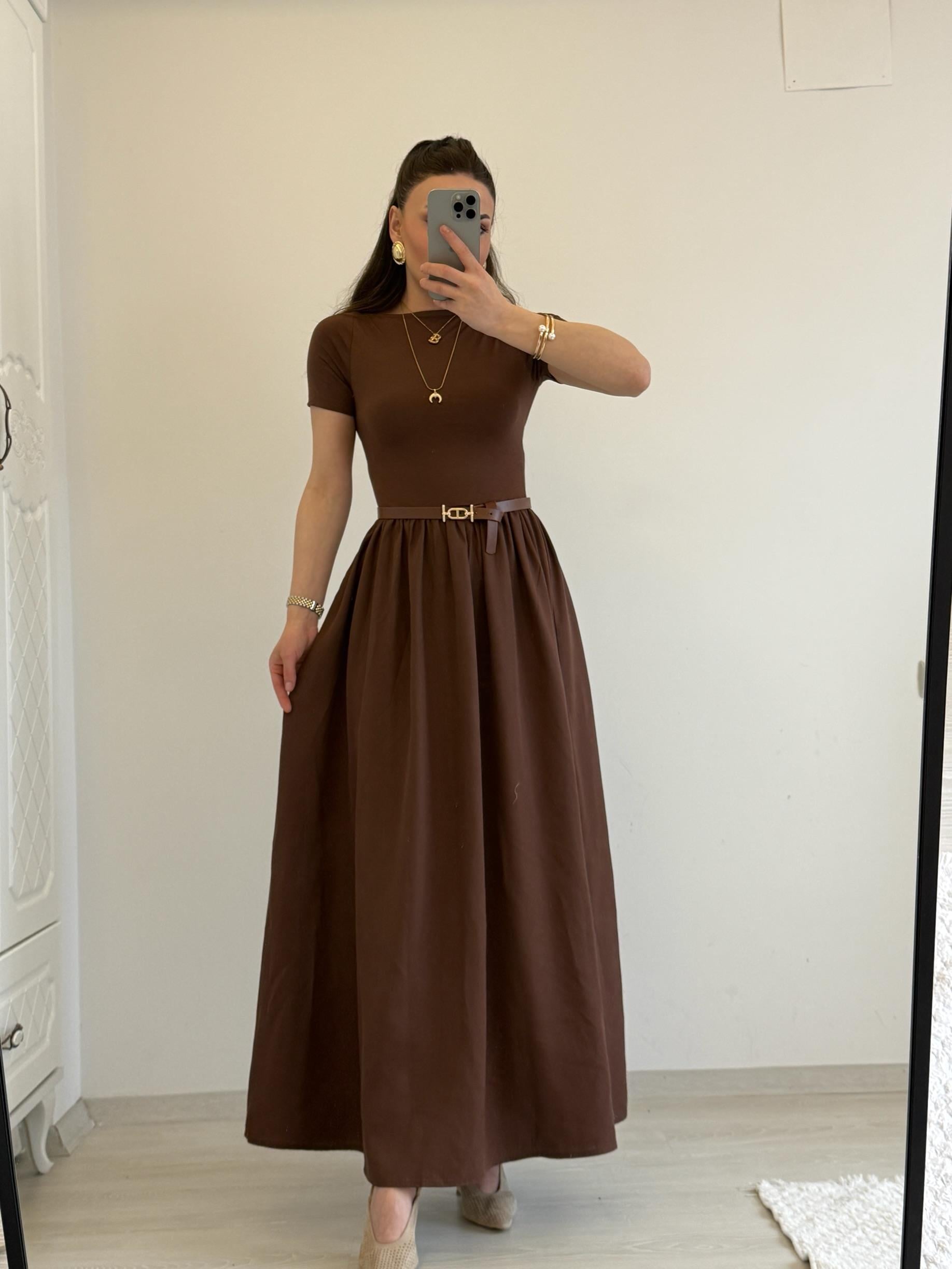 ALT TARAFI PARAŞÜT KUMAŞ PİNTERES KISA KOL ELBİSE KAHVE 