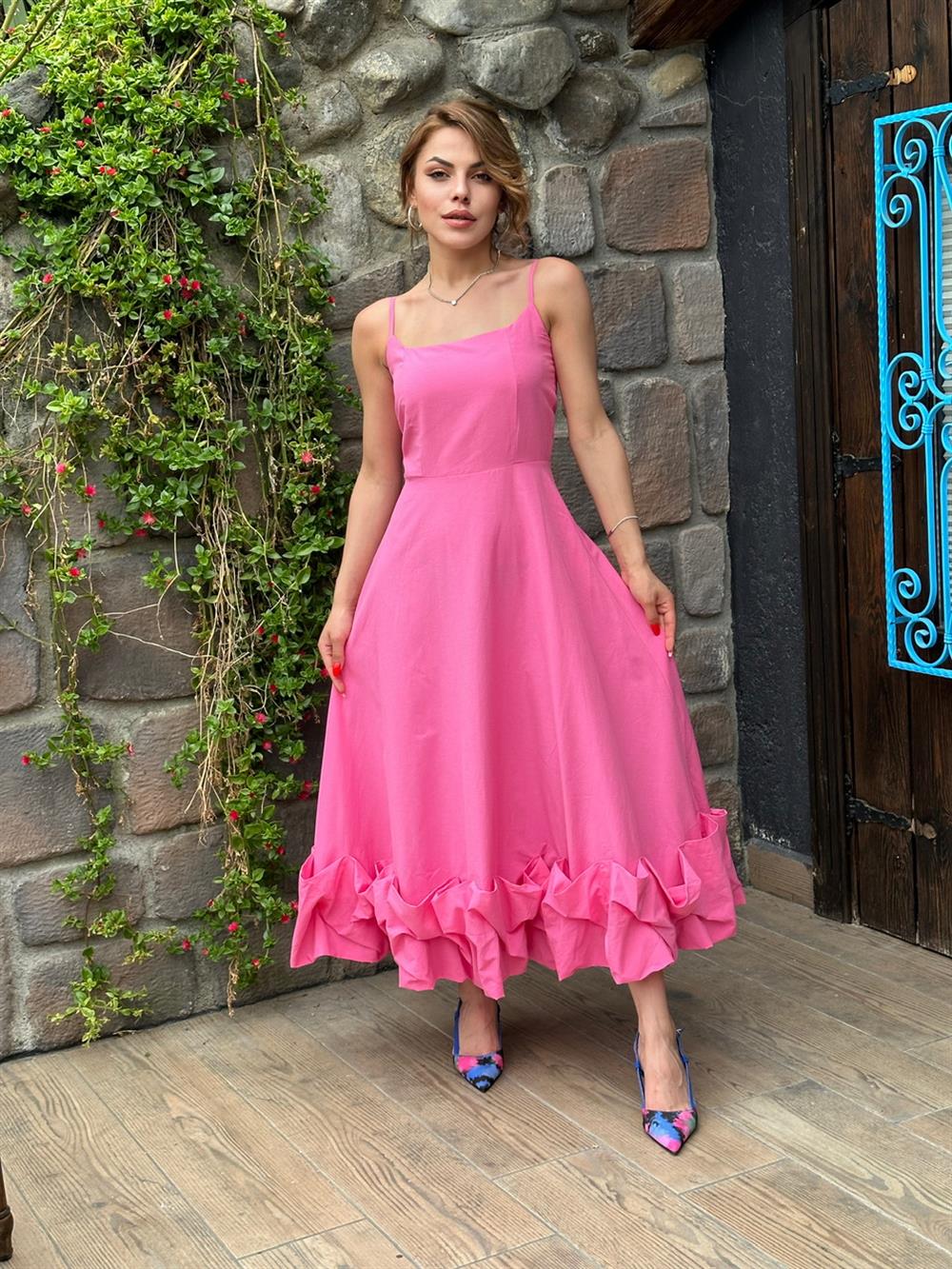 ALTI FIRFIRLI ASKILI ELBİSE PEMBE 