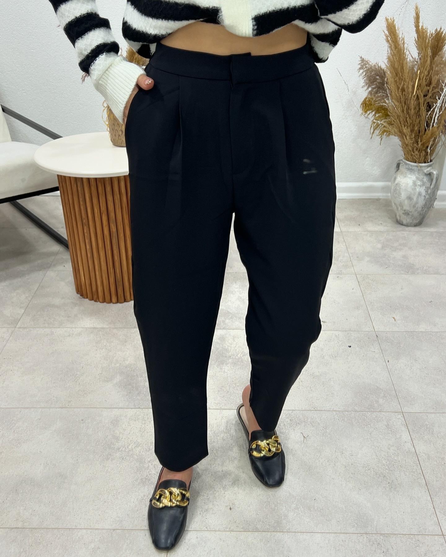 ARKA BELİ LASTİKLİ KUMAŞ PANTOLON SİYAH