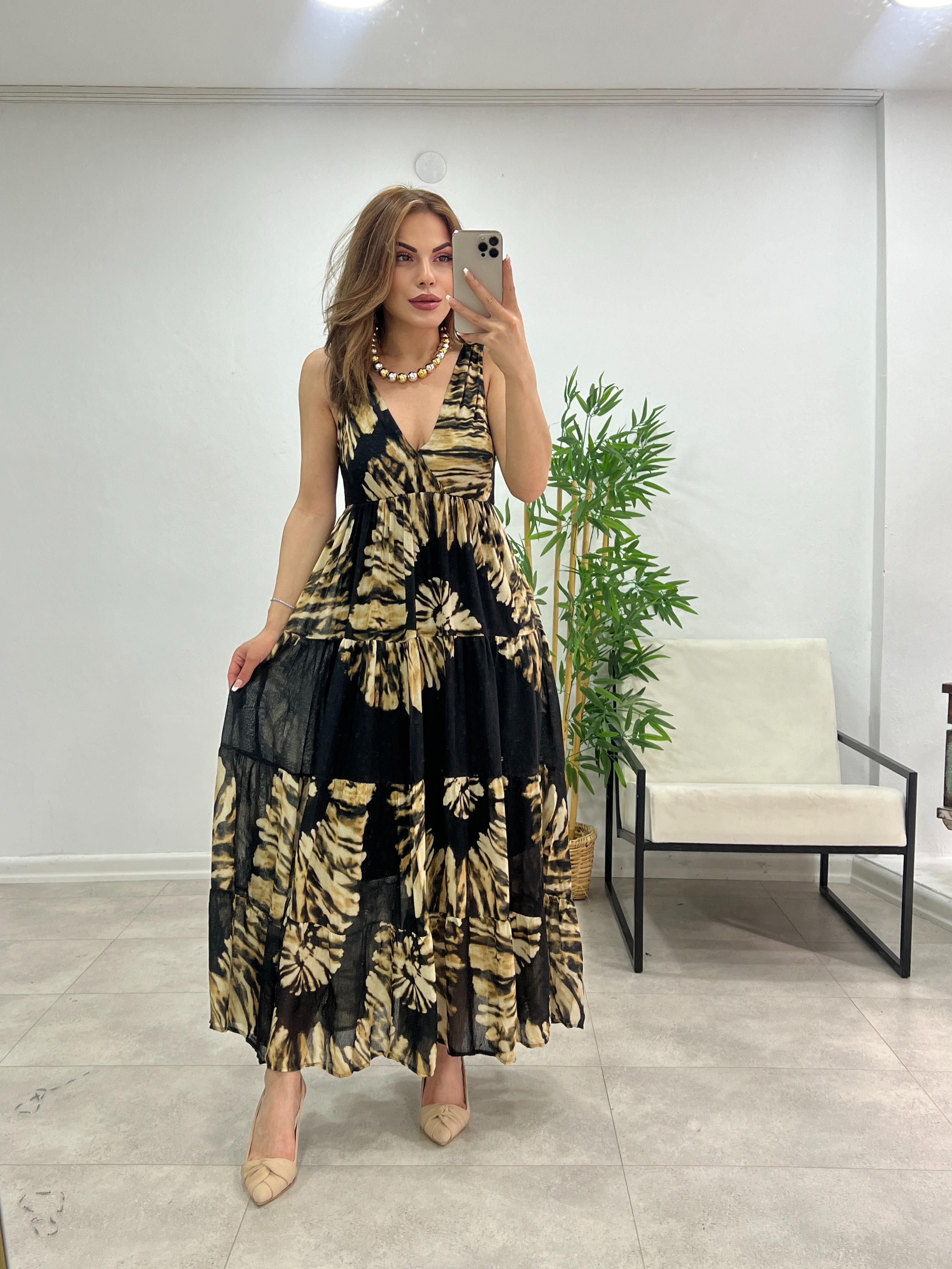 ASTARLI DESENLİ KETEN ELBİSE