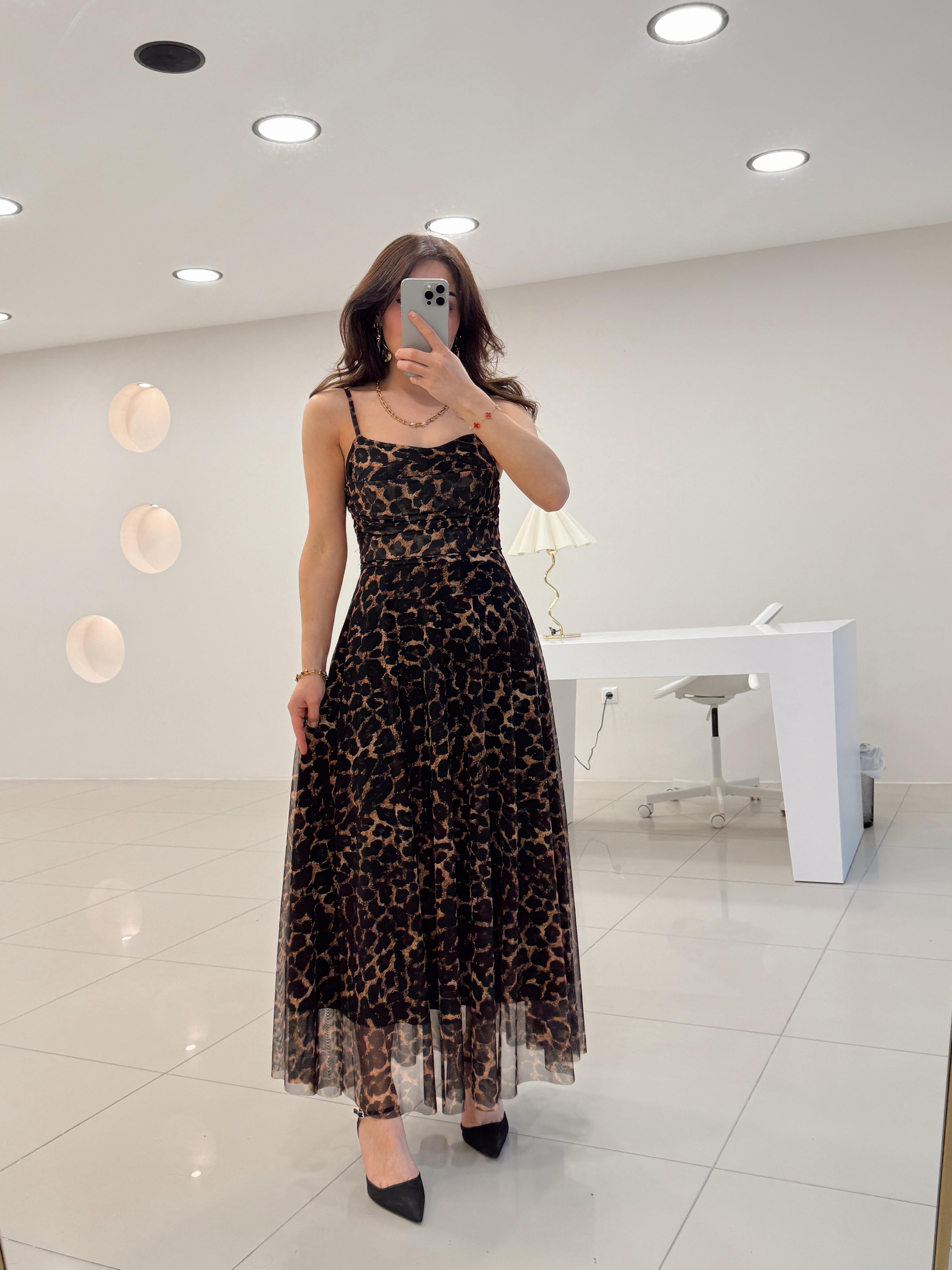 AYARLANABİLİR İNCE ASKILI LEOPAR ELBİSE